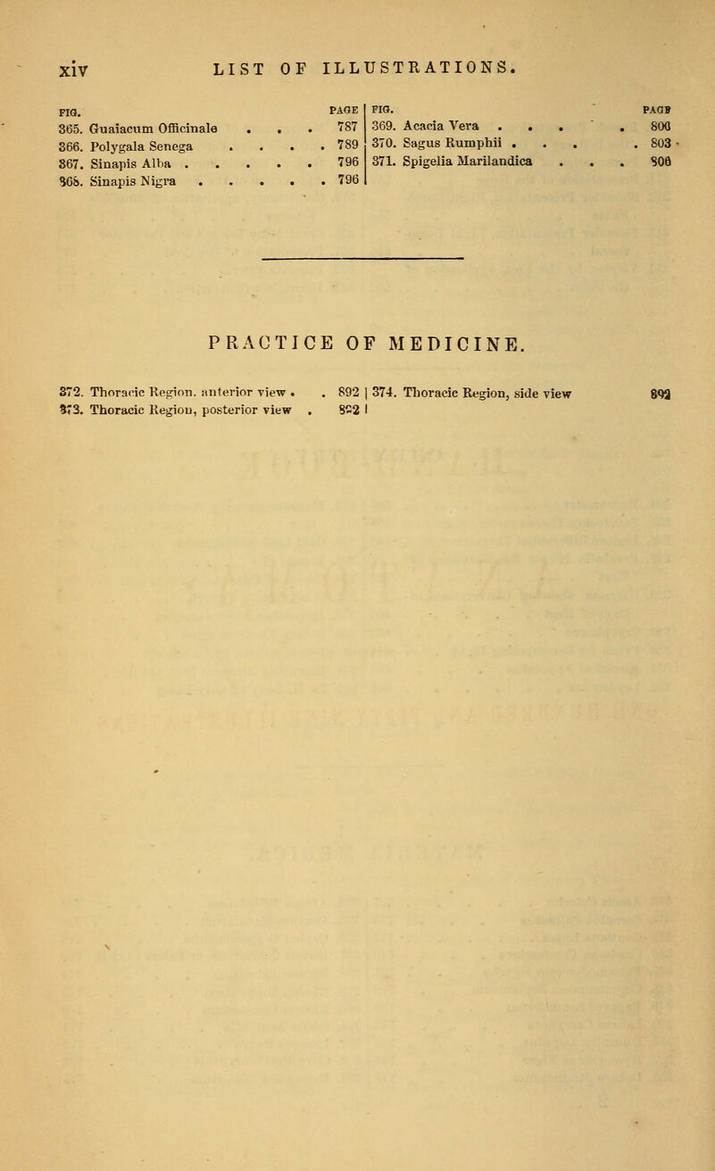 FIG. PAGE 365. Guaiacum Officinale ... 787 366. Polygala Senega . . . .789 867. Sinapis Alba 796 36S. Sinapis Nigra 796 FIG. PAQJ 369. Acacia Vera . 800 370. Sagus Rumphii . . 803 871. Spigelia Marilandica . . soa PRACTICE OF MEDICINE. 372. Thoracic Region, anterior view . . 892 ] 374. Tlioraeic Region, side view 973. Thoracic Region, posterior view . 8^2 I 8<)a