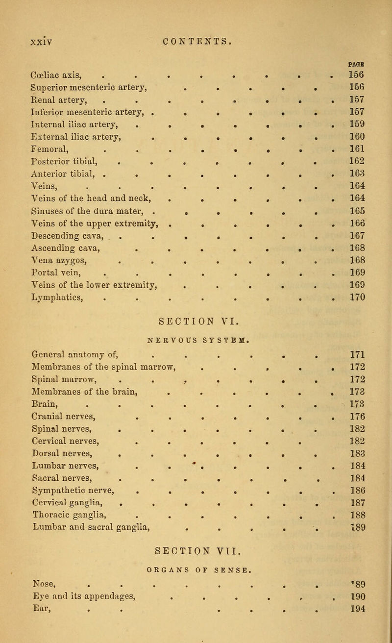 Coeliac axis, Superior mesenteric artery, Renal artery, Inferior mesenteric artery, . Internal iliac artery, External iliac artery, Femoral, Posterior tibial, . . Anterior tibial, . • Veins, Veins of the head and neck, Sinuses of the dura mater, . Veins of the upper extremity, Descending cava. Ascending cava. Vena azygos. Portal vein, Veins of the lower extremity, Lymphatics, SECTION VI NERVOUS SYSTE General anatomy of, Membranes of the spinal marrow Spinal marrow, Membranes of the brain Brain, Cranial nerves, Spinal nerves. Cervical nerves. Dorsal nerves, Lumbar nerves. Sacral nerves. Sympathetic nerve. Cervical ganglia. Thoracic ganglia. Lumbar and sacral ganglia. SECTION VII. ORGANS OF SENSE Nose, Eye and its appendages. Ear, '89 190 194