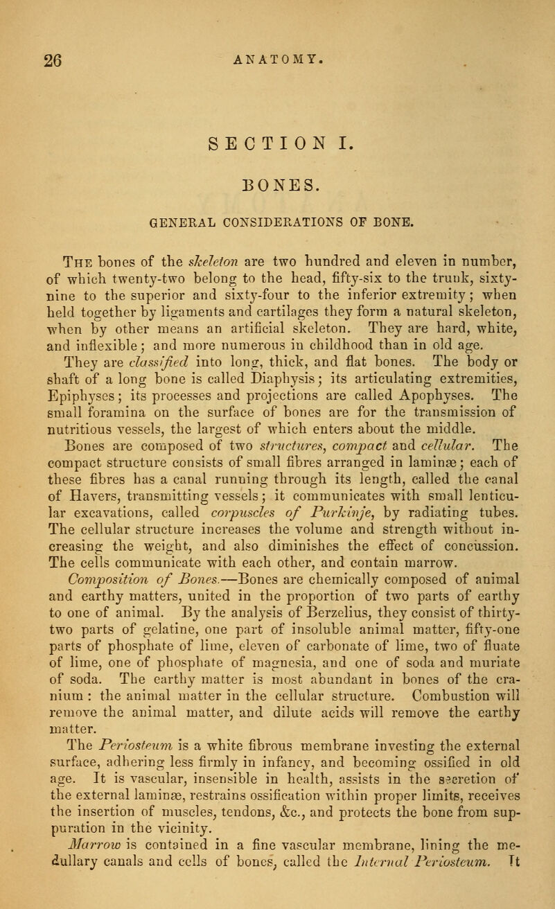 SECTION I. BONES. GENERAL CONSIDERATIONS OF BONE. The bones of the skeleton are two hundred and eleven in number, of which twenty-two belong to the head, fifty-six to the trunk, sixty- nine to the superior and sixty-four to the inferior extremity; when held together by ligaments and cartilages they form a natural skeleton, when by other means an artificial skeleton. They are hard, white, and inflexible; and more numerous in childhood than in old age. They are classified into long, thick, and flat bones. The body or shaft of a long bone is called Diaphysis; its articulating extremities, Epiphyses; its processes and projections are called Apophyses. The small foramina on the surface of bones are for the transmission of nutritious vessels, the largest of which enters about the middle. Bones are composed of two structures, compact and cellular. The compact structure consists of small fibres arranged in laminae; each of these fibres has a canal running through its length, called the canal of Havers, transmitting vessels; it communicates with small lenticu- lar excavations, called corpuscles of Purkinje, by radiating tubes. The cellular structure increases the volume and strength without in- creasing the weight, and also diminishes the efiect of conciission. The cells communicate with each other, and contain marrow. Composition of Bones.—Bones are chemically composed of animal and earthy matters, united in the proportion of two parts of earthy to one of animal. By the analysis of Berzelius, they consist of thirty- two parts of gelatine, one part of insoluble animal matter, fifty-one parts of phosphate of lime, eleven of carbonate of lime, two of fluate of lime, one of phosphate of magnesia, and one of soda and muriate of soda. The earthy matter is most abundant in bones of the cra- nium : the animal matter in the cellular structure. Combustion will remove the animal matter, and dilute acids will remove the earthy matter. The Periosteum is a white fibrous membrane investing the external surface, adhering less firmly in infancy, and becoming ossified in old age. It is vascular, insensible in health, assists in the secretion of the external laminae, restrains ossification within proper limits, receives the insertion of muscles, tendons, &c., and protects the bone from sup- puration in the vicinity. Marrow is contained in a fine vascular membrane, lining the me- dullary canals and cells of boncS; culled the Internal Feriostcum. It