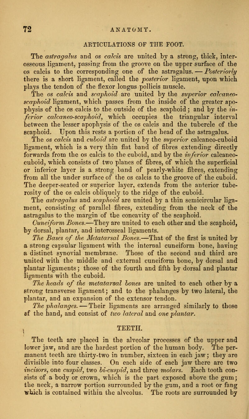 ARTICULATIONS OF THE FOOT. The astragalus and os calcis are united by a strong, thick, inter- osseous ligament, passing from the groove on the upper surface of the OS calcis to the corresponding one of the astragalus. — Posteriorly there is a short ligament, called the posterior ligament, upon which plays the tendon of the flexor longus pollicis muscle. The OS calcis and scaphoid are united by the superior calcaneO' scaphoid ligament, which passes from the inside of the greater apo- physis of the OS calcis to the outside of the scaphoid; and by the in- ferior calcaneo-scophoid, which occupies the triangular interval between the lesser apophysis of the os calcis and the tubercle of the scaphoid. Upon this rests a portion of the head of the astragalus. The OS calcis and cuboid are united by the superior calcaneo-cuboid ligament, which is a very thin flat band of fibres extending directly forwards from the os calcis to the cuboid, and by the iu/erior calcaneo- cuboid, which consists of two planes of fibres, of which the superficial or inferior layer is a strong band of pearly-white fibres, extending from all the under surface of the os calcis to the groove of the cuboid. The deeper-seated or superior layer, extends from the anterior tube- rosity of the OS calcis obliquely to the ridge of the cuboid. The astragcdus and scaphoid are united by a thin semicircular liga- ment, consisting of parallel fibres, extending from the neck of the astragalus to the margin of the concavity of the scaphoid. Cuneiform Bones.—They are united to each other and the scaphoid, by dorsal, plantar, and interosseal ligaments. The Bases of the Metatarsal Bones.—That of the first is united by a strong capsular ligament with the internal cuneiform bone, having a distinct synovial membrane. Those of the second and third are united with the middle and external cuneiform bone, by dorsal and plantar ligaments; those of the fourth and fifth by dorsal and plantar ligaments with the cuboid. The heads of the metatarsal hones are united to each other by a strong transverse ligament; and to the phalanges by two lateral, the plantar, and an expansion of the extensor tendon. The phalanges. — Their ligaments are arranged similarly to those of the hand, and consist of two lateral and one plantar. TEETH. The teeth are placed in the alveolar processes of the upper and lower jaw, and are the hardest portion of the human body. The per- manent teeth are thirty-two in number, sixteen in each jaw; they are divisible into four classes. On each side of each jaw there are two incisors, one cuspid, two hi-cuspid, and three molars. Each tooth con- sists of a body or crown, which is the part exposed above the gum; the neck, a narrow portion surrounded by the gum, and a root or fang which is contained within the alveolus. The roots are surrounded by