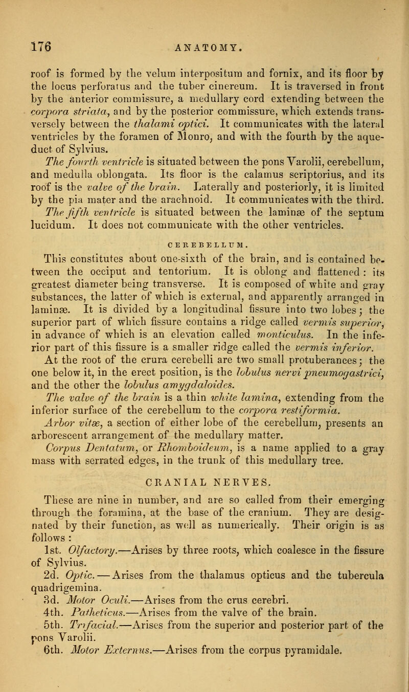 roof is formed by the velum interpositum and fornix, and its floor by the locus perforatus and the tuber cinereum. It is traversed in front by the anterior commissure, a medullary cord extending between the corpora striata, and by the posterior commissure, which extends trans- versely between the thalami optici. It communicates with the lateral ventricles by the foramen of IMonrO; and with the fourth by the aque- duct of Sylvius. The fovrtli ventricle is situated between the pons Varolii, cerebellum, and medulla oblongata. Its floor is the calamus scriptorius, and its roof is the valve of tlie brain. Laterally and posteriorly, it is limited by the pia mater and the arachnoid. It communicates with the third. Theffth ventricle is situated between the laminae of the septum lucidum. It does not communicate with the other ventricles. CEREBELLUM. This constitutes about one-sixth of the brain, and is contained be- tween the occiput and tentorium. It is oblong and flattened : its greatest diameter being transverse. It is composed of white and gray substances, the latter of which is external, and apparently arranged in laminas. It is divided by a longitudinal fissure into two lobes; the superior part of which fissure contains a ridge called vermis superior^ in advance of which is an elevation called monticulus. In the infe- rior part of this fissure is a smaller ridge called the vermis inferior. At the root of the crura cerebelli are two small protuberances; the one below it, in the erect position, is the lohulus nervipneumogastrici^ and the other the lohulus amygdaloides. The valve of the brain is a thin white lamina, extending from the inferior surface of the cerebellum to the corpora restiformia. Arbor vitae, a section of either lobe of the cerebellum^ presents an arborescent arrangement of the medullary matter. Corpus Dentatum, or Rhomboideum, is a name applied to a gray mass with serrated edges, in the trunk of this medullary tree. CRANIAL NERVES. These are nine in number, and are so called from their emerging through the foramina, at the base of the cranium. They are desig- nated by their function, as well as numerically. Their origin is as follows : 1st. Olfactory.—Arises by three roots, which coalesce in the fissure of Sylvius. 2d. Optic. — Arises from the thalamus opticus and the tubercula quadrigemina. 8d. Motor Oculi.—Arises from the crus cerebri. 4th. Patheticus.—Arises from the valve of the brain. 5th. Trifacial.—Arises from the superior and posterior part of the j:^ons Varolii. 6th, Motor Externus.—Arises from the corpus pyramidale.
