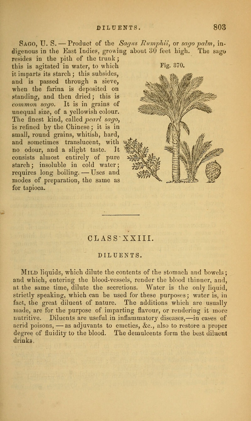 Fig. 370. Sago, U. S. — Product of the Sagas Rumpliii, or sago palm digenous in the East Indies, growing about oO feet high. The resides in the pith of the trunk; this is agitated in water, to which it imparts its starch; this subsides, and is passed through a sieve, when the farina is deposited on standing, and then dried; this is common sago. It is in grains of unequal size, of a yellowish colour. The finest kind, cdMedi pearl sago, is refined by the Chinese; it is in small, round grains, whitish, hard, and sometimes translucent, with no odour, and a slight taste. It consists almost entirely of pure starch; insoluble in cold water; requires long boiling.—Uses and modes of preparation, the same as for tapioca. , in- sago CLASS XXIII, DILUENTS. Mild liquids, which dilute the contents of the stomach and bowels; and which, entering the blood-vessels, render the blood thinner, and, at the same time, dilute the secretions. Water is the only liquid, strictly speaking, which can be used for these purposes; water is, in fact, the great diluent of nature. The additions which are usually made, are for the purpose of imparting flavour, or rendering it more nutritive. Diluents are useful in inflammatory diseases,—in cases of acrid poisons, —as adjuvants to emetics, &c., also to restore a proper degree of fluidity to the blood. The demulcents form the best diluent drinks,