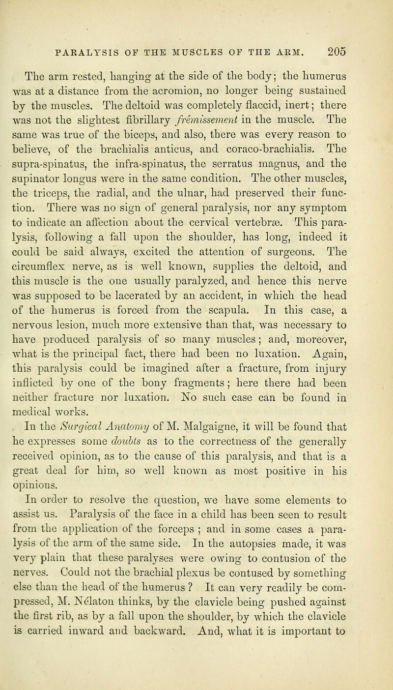 The arm rested, banging at the side of the body; the humerus was at a distance from the acromion, no longer being sustained by the muscles. The deltoid was completely flaccid, inert; there was not the slightest fibrillary fremissement in the muscle. The same was true of the biceps, and also, there was every reason to believe, of the brachialis anticus, and coraco-brachialis. The supra-spinatus, the infra-spinatus, the serratus magnus, and the supinator longus were in the same condition. The other muscles, the triceps, the radial, and the ulnar, had preserved their func- tion. There was no sign of general paralysis, nor any symptom to indicate an affection about tbe cervical vertebrae. This para- lysis, following a fall upon the shoulder, has long, indeed it could be said always, excited the attention of surgeons. The circumflex nerve, as is well known, supplies the deltoid, and this muscle is the one usually paralyzed, and hence this nerve was supposed to be lacerated by an accident, in which the head of the humerus is forced from the scapula. In this case, a nervous lesion, much more extensive than that, was necessary to have produced paralysis of so many muscles; and, moreover, what is the principal fact, there had been no luxation. Again, this paralysis could be imagined after a fracture, from injury inflicted by one of the bony fragments ; here there had been neither fracture nor luxation. No such case can be found in medical works. , In the Surgical Anatoviy of M. Malgaigne, it will be found that he expresses some doubts as to the correctness of the generally received opinion, as to the cause of this paralysis, and that is a great deal for him, so well known as most positive in his opinions. In order to resolve the question, we have some elements to assist us. Paralysis of the face in a child has been seen to result from the application of the forceps ; and in some cases a para- lysis of the arm of the same side. In the autopsies made, it was very plain that these paralyses were owing to contusion of the nerves. Could not the brachial plexus be contused by something else than the head of the humerus ? It can very readily be com- pressed, M. N^laton thinks, by the clavicle being pushed against the first rib, as by a fall upon the shoulder, by which the clavicle is carried inward and backward. And, what it is important to