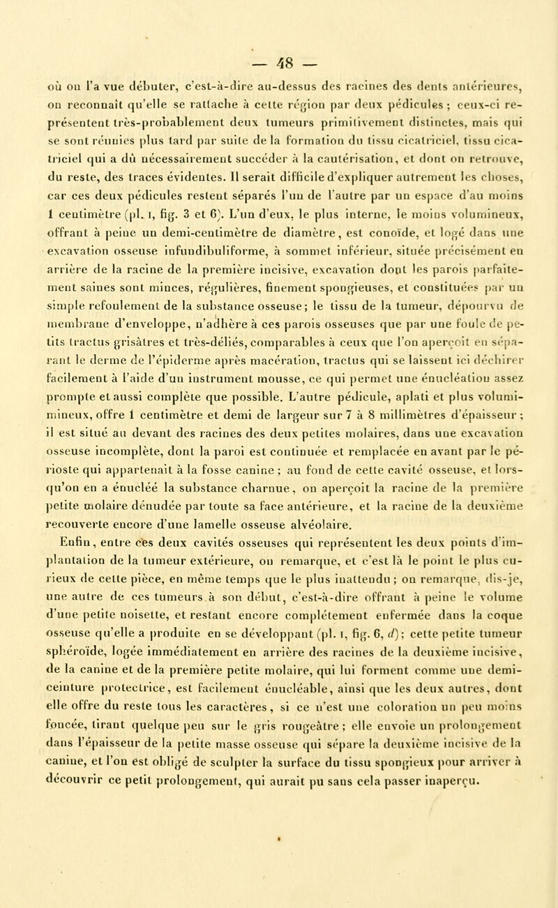 où ou l'a vue débuter, c'est-à-dire au-dessus des racines des dénis antérieures, on reconnaît qu'elle se rallacVie à cette région par deux pédicules ; ceux-ci re- présentent très-pronablenient deux tumeurs primilivement distinctes, mais qui se sont réunies plus tard par suite de la formation du tissu cicatriciel, tissu cica- triciel qui a dû nécessairement succéder à la cautérisation, et dont on retrouve, du reste, des traces évidentes. Il serait difficile d'expliquer autrement les choses, car ces deux pédicules restent séparés l'un de l'autre par un espace d'au moins 1 centimètre ([)1. i, fig. 3 et 6). L'un d'eux, le plus interne, le moins volumineux, offrant à peine un demi-centimètre de diamètre, est conoïde, et logé dans une excavation osseuse infundibuliforme, à sommet inférieur, située ])récisément en arrière de la racine de la première incisive, excavation dont les parois [larfaite- ment saines sont minces, régulières, finement spongieuses, et constituées par un simple refoulement de la substance osseuse; le tissu de la tumeur, dépourvu de membrane d'enveloppe, n'adhère à ces parois osseuses que par une foule de pe- tits tractus grisâtres et très-déliés, comparables à ceux que l'on aperçoit en sépa- rant le derme de l'épiderme après macération, tractus qui se laissent ici déchirer facilement à l'aide d'un instrument mousse, ce qui permet une énucléatiou assez prompte et aussi complète que possible. L'autre pédicule, aplati et plus volumi- niineux, offre 1 centimètre et demi de largeur sur 7 à 8 millimètres d'épaisseur ; il est situé au devant des racines des deux petites molaires, dans une excavation osseuse incomplète, dont la paroi est continuée et remplacée en avant par le pé- rioste qui appartenait à la fosse canine ; au fond de cette cavité osseuse, et lors- qu'on en a énucléé la substance charnue, on aperçoit la racine de la première petite molaire dénudée par toute sa face antérieure, et la racine de la deuxième recouverte encore d'une lamelle osseuse alvéolaire. Enfin, entre cies deux cavités osseuses qui représentent les deux points d'im- plantation de la tumeur extérieure, ou remarque, et c'est là le point le pins cu- rieux de cette pièce, en même temps que le plus inattendu ; on remarque, dis-je, une autre de ces tumeurs à son début, c'est-à-dire offrant à peine !e volume d'une petite noisette, et restant encore complètement enfermée dans la coque osseuse qu'elle a produite en se développant (pi. i, fig. 6, d); cette petite tumeur sphéroïde, logée immédiatement en arrière des racines de la deuxième incisive, de la canine et de la première petite molaire, qui lui forment comme une demi- ceinture protectrice, est facilement énucléable, ainsi que les deux autres, dont elle offre du reste tous les caractères, si ce n'est une coloraiion un |)cu moins foncée, tirant quelque peu sur le gris rougeàtre ; elle envoie un |)rolongemeut dans l'épaisseur de la petite masse osseuse qui sépare la deuxième incisive de la canine, et l'on est obligé de sculpter la surface du tissu spongieux pour arriver à découvrir ce petit prolongement, qui aurait pu sans cela passer inaperçu.