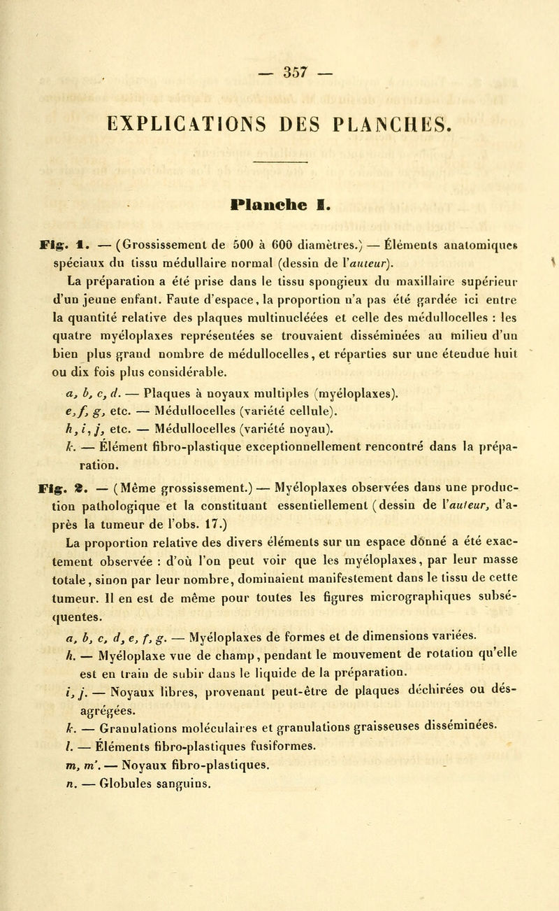 EXPLICATIONS DES PLANCHES. Planche I. Flg. 1. —(Grossissement de 500 à 600 diamètres.) — Éléments anatomiques spéciaux du tissu médullaire normal (dessin de Vauteur). La préparation a été prise dans le tissu spongieux du maxillaire supérieur d'un jeune enfant. Faute d'espace, la proportion n'a pas été gardée ici entre la quantité relative des plaques multinucléées et celle des méduUocelles : les quatre myéloplaxes représentées se trouvaient disséminées au milieu d'un bien plus grand nombre de méduUocelles, et réparties sur une étendue huit ou dix fois plus considérable. a, b, c, d. — Plaques à noyaux multiples (myéloplaxes). Cjf, g, etc. — MéduUocelles (variété cellule). h,i^j, etc. — MéduUocelles (variété noyau). k. — Élément fibro-plastique exceptionnellement rencontré dans la prépa- ration. Flg. 18. — (Même grossissement.) — Myéloplaxes observées dans une produc- tion pathologique et la constituant essentiellement (dessin de Vauteur, d'a- près la tumeur de l'obs. 17.) La proportion relative des divers éléments sur un espace donné a été exac- tement observée : d'où l'on peut voir que les myéloplaxes, par leur masse totale, sinon par leur nombre, dominaient manifestement dans le tissu de cette tumeur. 11 en est de même pour toutes les figures micrographiques subsé- (juentes. a. b, c. dj e, f, g. — Myéloplaxes de formes et de dimensions variées. h. — Myéloplaxe vue de champ, pendant le mouvement de rotation qu'elle est en train de subir dans le liquide de la préparation. i^y. —Noyaux libres, provenant peut-être de plaques déchirées ou dés- agrégées. k. — Granulations moléculaires et granulations graisseuses disséminées. /. — Éléments fibro-plastiques fusiformes. m, m'. — Noyaux fibro-plastiques. n. — Globules sanguins.