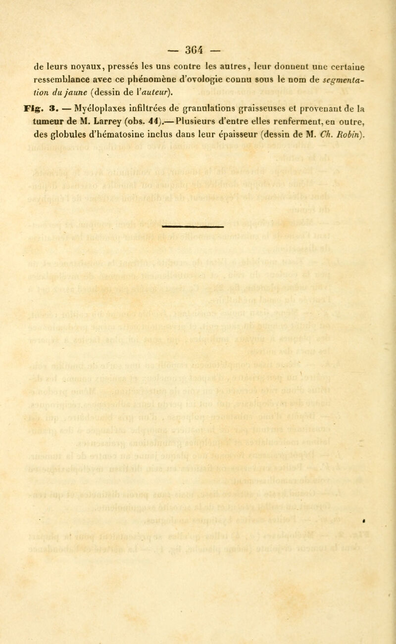 de leurs noyaux, pressés les uns contre les autres, leur donueut une certaine ressemblance avec ce phénomène d'ovologie connu sous le nom de segmenta- tion du jaune (dessin de \'auteur). Flg. 3. — Myéloplaxes infiltrées de granulations graisseuses et provenant de la tumeur de M. Larrey (obs. 44).— Plusieurs d'entre elles renferment, en outre, des globules d'hématosine inclus dans leur épaisseur (dessin de M. Ch. Robin).