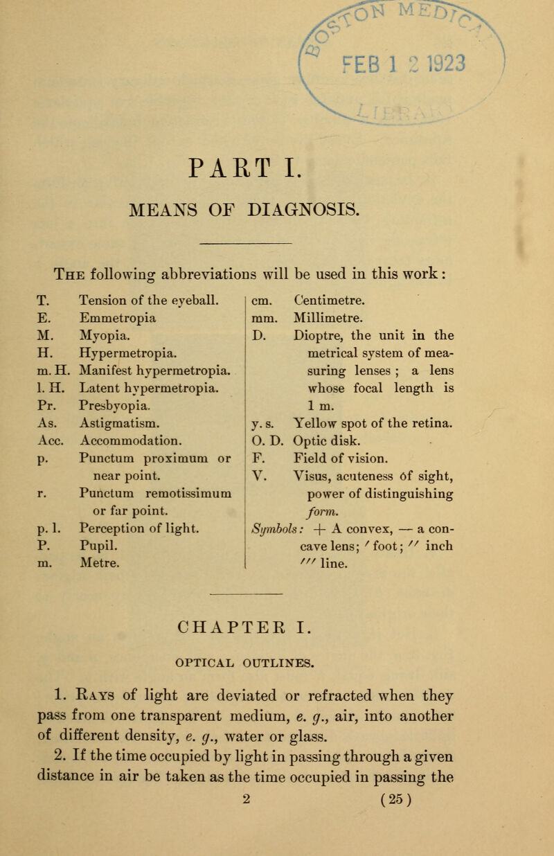 PART I. MEANS OF DIAGNOSIS. The following abbreviations will be used in this work: T. Tension of the eyeball. cm. Centimetre. E. Emmetropia mm. Millimetre. M. Myopia. D. Dioptre, the unit in the H. Hypermetropia. metrical system of mea- m.H. Manifest hypermetropia. suring lenses ; a lens l.H. Latent hypermetropia. whose focal length is Pr. Presbyopia. lm. As. Astigmatism. y.s. Yellow spot of the retina. Ace. Accommodation. O.D. Optic disk. P- Punctum proximum or F. Field of vision. near point. V. Visus, acuteness Of sight, r. Punctum remotissimum power of distinguishing or far point. form. p.l. Perception of light. Symbols: + A convex, — a con- P. Pupil. cave lens; /foot;  inch m. Metre. ' line. CHAP' rER I. OPTICAL 3UTLINES. 1. Rays of light are deviated or refracted when they pass from one transparent medium, e. g., air, into another of different density, e. g., water or glass. 2. If the time occupied by light in passing through a given distance in air be taken as the time occupied in passing the