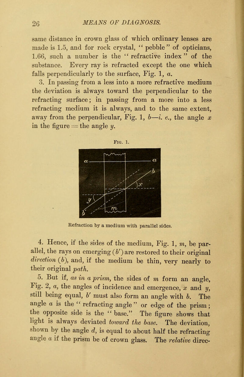 same distance in crown glass of which ordinary lenses are made is 1.5, and for rock crystal,  pebble of opticians, 1.66, such a number is the refractive index of the substance. Every ray is refracted except the one which falls perpendicularly to the surface, Fig. 1, a. 3. In passing from a less into a more refractive medium the deviation is always toward the perpendicular to the refracting surface; in passing from a more into a less refracting medium it is always, and to the same extent, away from the perpendicular, Fig. 1, b—i. e.f the angle x in the figure = the angle y. Fig. 1. ' ■ 'v. V'\\ -. ' Refraction by a medium with parallel sides. 4. Hence, if the sides of the medium, Fig. 1, m, be par- allel, the rays on emerging (&') are restored to their original direction (6), and, if the medium be thin, very nearly to their original path. 5. But if, as in a prism, the sides of m form an angle, Fig. 2, a, the angles of incidence and emergence, x and y, still being equal, V must also form an angle with b. The angle a is the  refracting angle or edge of the prism; the opposite side is the  base. The figure shows that light is always deviated toward the base. The deviation, shown by the angle d, is equal to about half the refracting angle a if the prism be of crown glass. The relative direc-