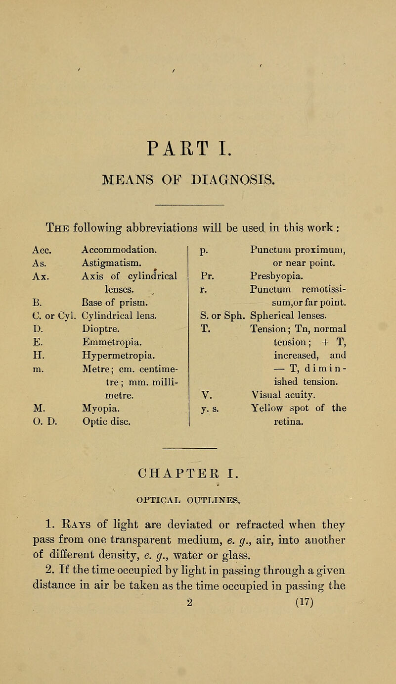 PART I. MEANS OF DIAGNOSIS. The following abbreviations will be used in this work: Ace. Accommodation. p- Punctum proximum, As. Astigmatism. or near point. Ax. Axis of cylindrical Pr. Presbyopia. lenses. r. Punctum remotissi- B. Base of prism. sum,or far point. C. or Cyl. Cylindrical lens. S. or Sph Spherical lenses. D. Dioptre. T. Tension; Tn, normal E. Emmetropia. tension; + T, H. Hypermetropia. increased, and m. Metre; cm. centime- — T, dimin- tre ; mm. milli- ished tension. metre. V. Visual acuity. M. Myopia. y. s. Yellow spot of the 0. D. Optic disc. retina. CHAPTER I. OPTICAL OUTLINES. 1. Rays of light are deviated or refracted when they pass from one transparent medium, e. g., air, into another of different density, e. g., water or glass. 2. If the time occupied by light in passing through a given distance in air be taken as the time occupied in passing the