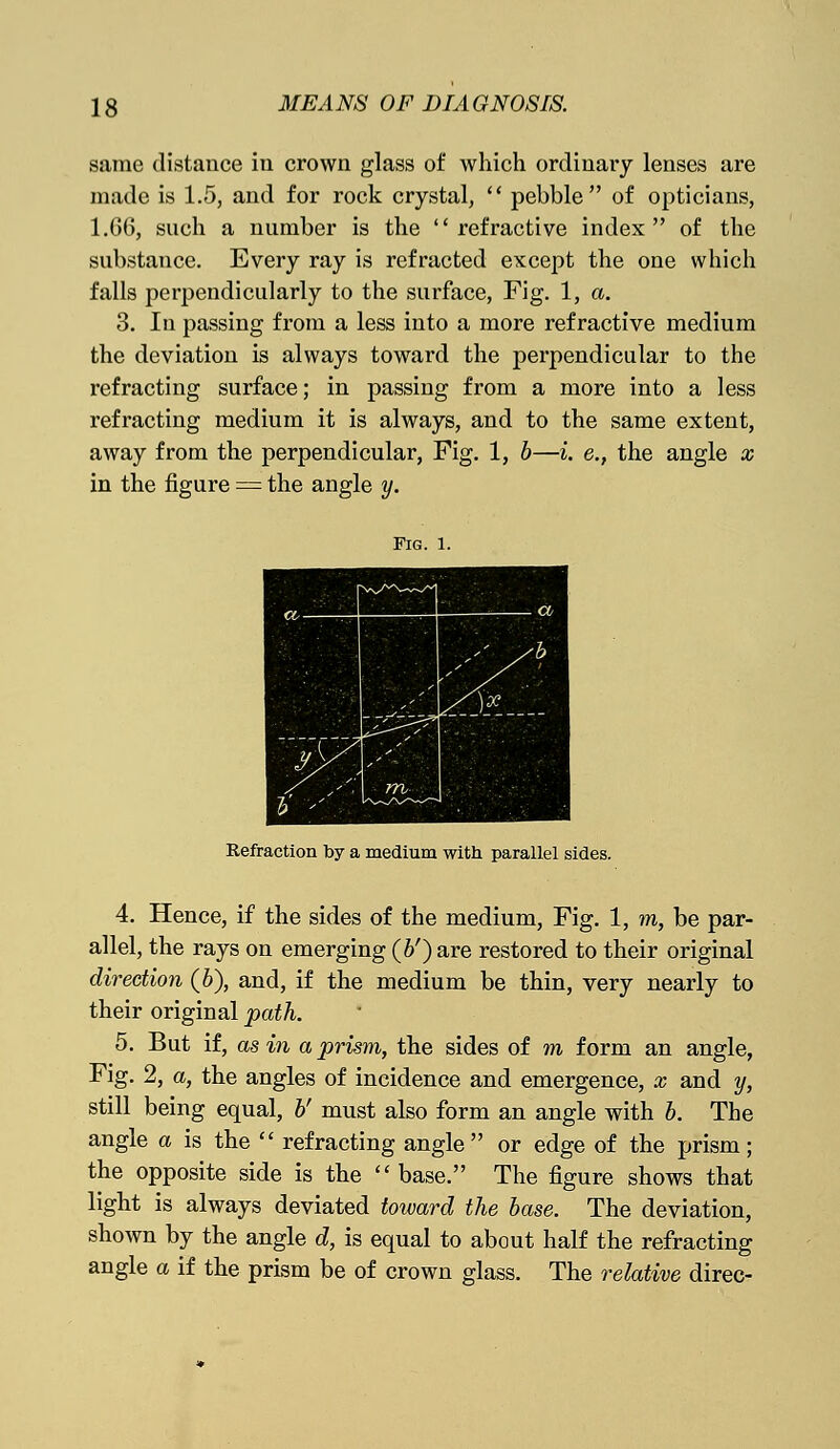 same distance in crown glass of which ordinary lenses are made is 1.5, and for rock crystal,  pebble of opticians, 1.G6, such a number is the refractive index of the substance. Every ray is refracted except the one which falls perpendicularly to the surface, Fig. 1, a. 3. In passing from a less into a more refractive medium the deviation is always toward the perpendicular to the refracting surface; in passing from a more into a less refracting medium it is always, and to the same extent, away from the perpendicular, Fig. 1, b—i. e., the angle x in the figure = the angle y. Fig. 1. Kefraction by a medium with parallel sides. 4. Hence, if the sides of the medium, Fig. 1, m, be par- allel, the rays on emerging (&') are restored to their original direction (b), and, if the medium be thin, very nearly to their original path. 5. But if, as in a prism, the sides of m form an angle, Fig. 2, a, the angles of incidence and emergence, x and y, still being equal, V must also form an angle with b. The angle a is the  refracting angle or edge of the prism; the opposite side is the base. The figure shows that light is always deviated toward the base. The deviation, shown by the angle d, is equal to about half the refracting angle a if the prism be of crown glass. The relative direc-