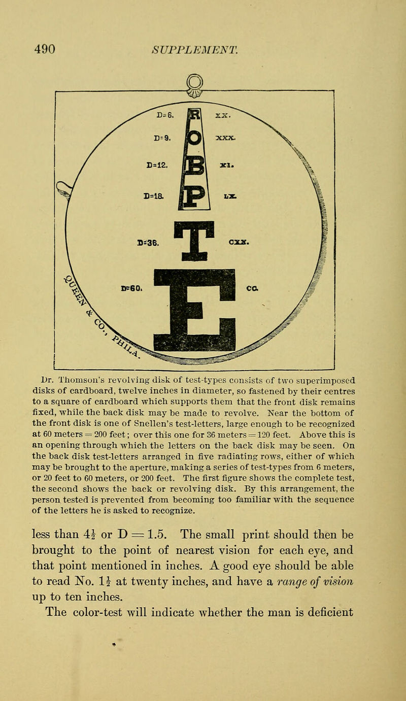 Dr. Thomson's revolving disk, of test-types consists of two superimposed disks of cardboard, twelve inches in diameter, so fastened by their centres to a square of cardboard which supports them that the front disk remains fixed, while the back disk may be made to revolve. Near the bottom of the front disk is one of Snellen's test-letters, large enough to be recognized at 60 meters = 200 feet; over this one for 36 meters = 120 feet. Above this is an opening through which the letters on the back disk may be seen. On the back disk test-letters arranged in five radiating rows, either of which may be brought to the aperture, making a series of test-types from 6 meters, or 20 feet to 60 meters, or 200 feet. The first figure shows the complete test, the second shows the back or revolving disk. By this arrangement, the person tested is prevented from becoming too familiar with the sequence of the letters he is asked to recognize. less than 4j or D = 1.5. The small print, should then be brought to the point of nearest vision for each eye, and that point mentioned in inches. A good eye should be able to read No. 1£ at tweuty inches, and have a range of vision up to ten inches. The color-test will indicate whether the man is deficient