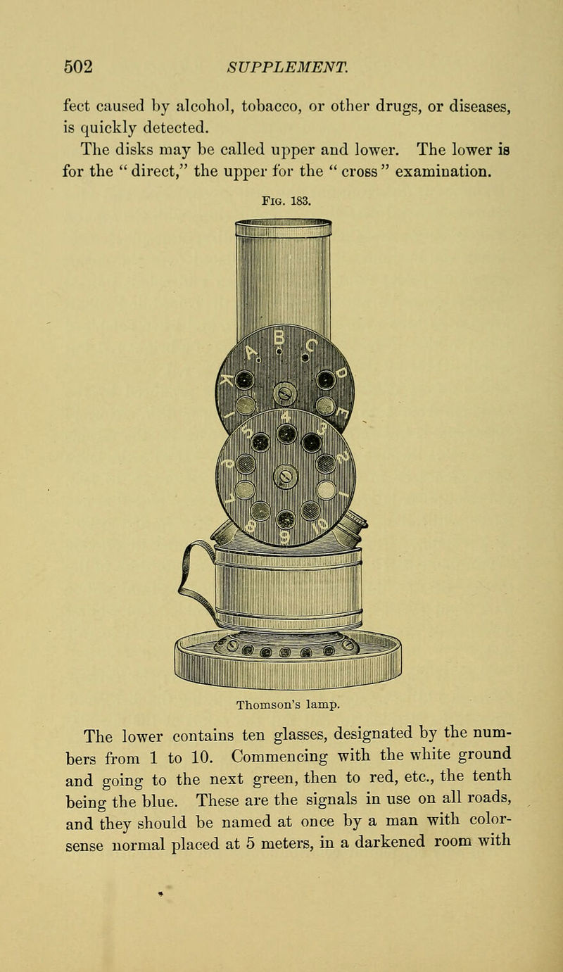 feet caused by alcohol, tobacco, or otber drugs, or diseases, is quickly detected. The disks may be called upper and lower. The lower is for the  direct, the upper for the  cross  examination. Fig. 183. Thomson's lamp. The lower contains ten glasses, designated by the num- bers from 1 to 10. Commencing with the white ground and going to the next green, then to red, etc., the tenth being the blue. These are the signals in use on all roads, and they should be named at once by a man with color- sense normal placed at 5 meters, in a darkened room with