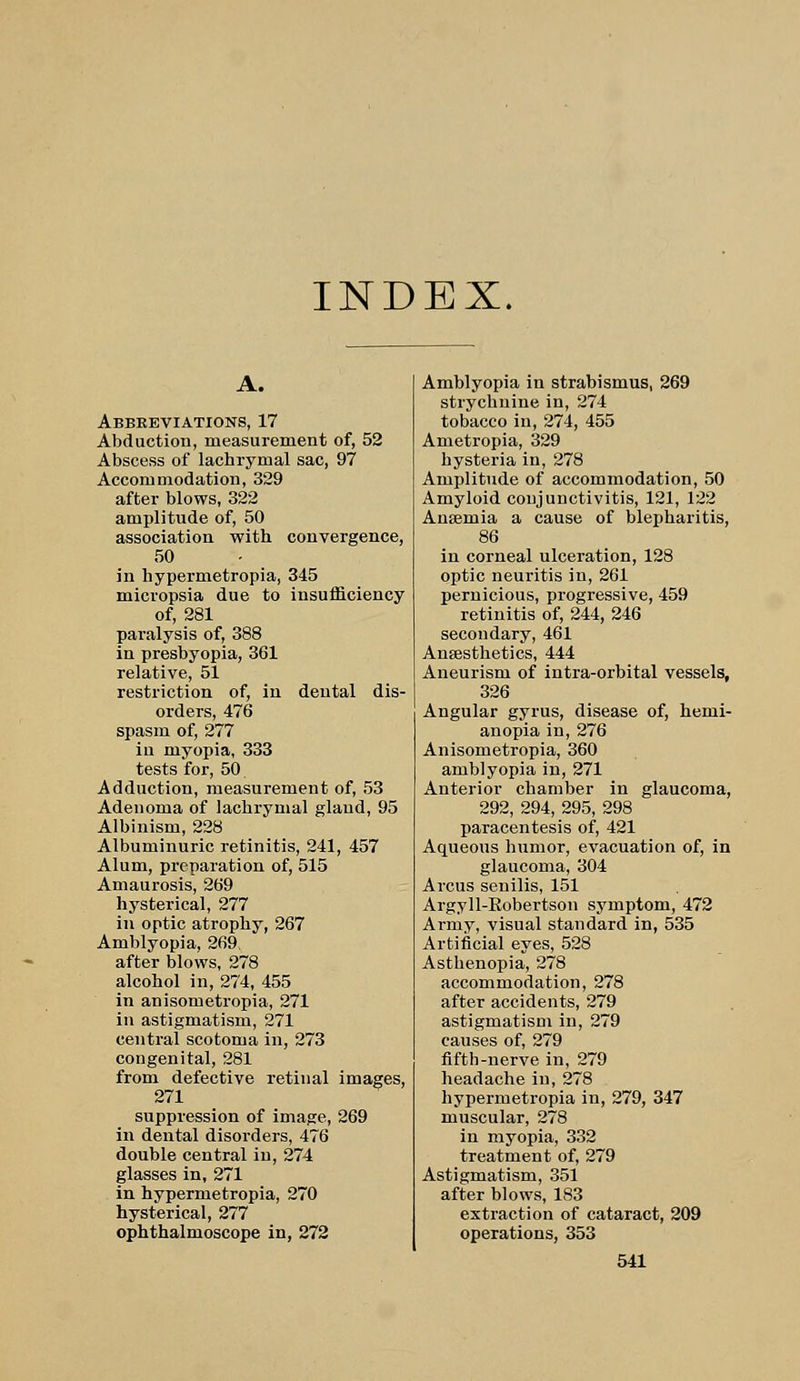 INDEX. A. Abbreviations, 17 Abduction, measurement of, 52 Abscess of lachrymal sac, 97 Accommodation, 329 after blows, 322 amplitude of, 50 association with convergence, 50 in hypermetropia, 345 micropsia due to insufficiency of, 281 paralysis of, 388 in presbyopia, 361 relative, 51 restriction of, in dental dis- orders, 476 spasm of, 277 in myopia, 333 tests for, 50 Adduction, measurement of, 53 Adenoma of lachrymal gland, 95 Albinism, 228 Albuminuric retinitis, 241, 457 Alum, preparation of, 515 Amaurosis, 269 hysterical, 277 ill optic atrophy, 267 Amblyopia, 269, after blows, 278 alcohol in, 274, 455 in anisometropia, 271 in astigmatism, 271 central scotoma in, 273 congenital, 281 from defective retinal images, 271 suppression of image, 269 in dental disorders, 476 double central in, 274 glasses in, 271 in hypermetropia, 270 hysterical, 277 ophthalmoscope in, 272 Amblyopia in strabismus, 269 strychnine in, 274 tobacco in, 274, 455 Ametropia, 329 hysteria in, 278 Amplitude of accommodation, 50 Amyloid conjunctivitis, 121, 122 Anaemia a cause of blepharitis, 86 in corneal ulceration, 128 optic neuritis in, 261 pernicious, progressive, 459 retinitis of, 244, 246 secondary, 461 Anaesthetics, 444 Aneurism of intra-orbital vessels, 326 Angular gyrus, disease of, henii- anopia in, 276 Anisometropia, 360 amblyopia in, 271 Anterior chamber in glaucoma, 292, 294, 295, 298 paracentesis of, 421 Aqueous humor, evacuation of, in glaucoma, 304 A reus senilis, 151 Argyll-Robertson symptom, 472 Army, visual standard in, 535 Artificial eyes, 528 Asthenopia, 278 accommodation, 278 after accidents, 279 astigmatism in, 279 causes of, 279 fifth-nerve in, 279 headache in,278 hypermetropia in, 279, 347 muscular, 278 in myopia, 332 treatment of, 279 Astigmatism, 351 after blows, 183 extraction of cataract, 209 operations, 353