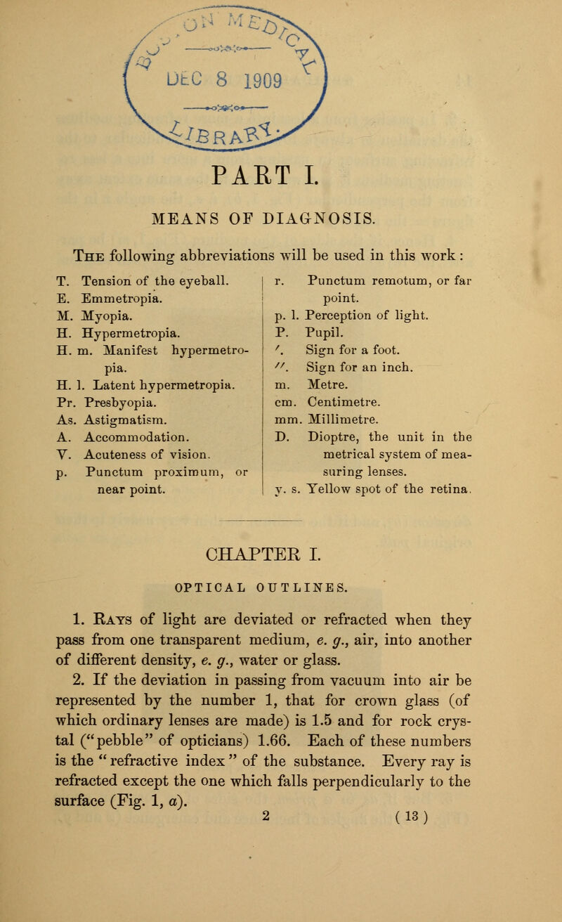 PART I. MEANS OF DIAGNOSIS. The following abbreviations will be used in this work: T. Tension of the eyeball. r. Punctum remotum, or far E. Emmetropia. point. M. Myopia. p. 1. Perception of light. H. Hypermetropia. P. Pupil. H. m. Manifest hypermetro- /. Sign for a foot. pia. n'. Sign for an inch. H. 1. Latent hypermetropia. m. Metre. Pr Presbyopia. cm. Centimetre. As Astigmatism. mm. Millimetre. A. Accommodation. D. Dioptre, the unit in the V. Acuteness of vision. metrical system of mea- P- Punctum proximum, or suring lenses. near point. y. s. Yellow spot of the retina. CHAP TER I. OPTICAL OUTLINES. 1. Rays of light are deviated or refracted when they pass from one transparent medium, e. g., air, into another of different density, e. g., water or glass. 2. If the deviation in passing from vacuum into air be represented by the number 1, that for crown glass (of which ordinary lenses are made) is 1.5 and for rock crys- tal (pebble of opticians) 1.66. Each of these numbers is the  refractive index  of the substance. Every ray is refracted except the one which falls perpendicularly to the surface (Fig. 1, a).