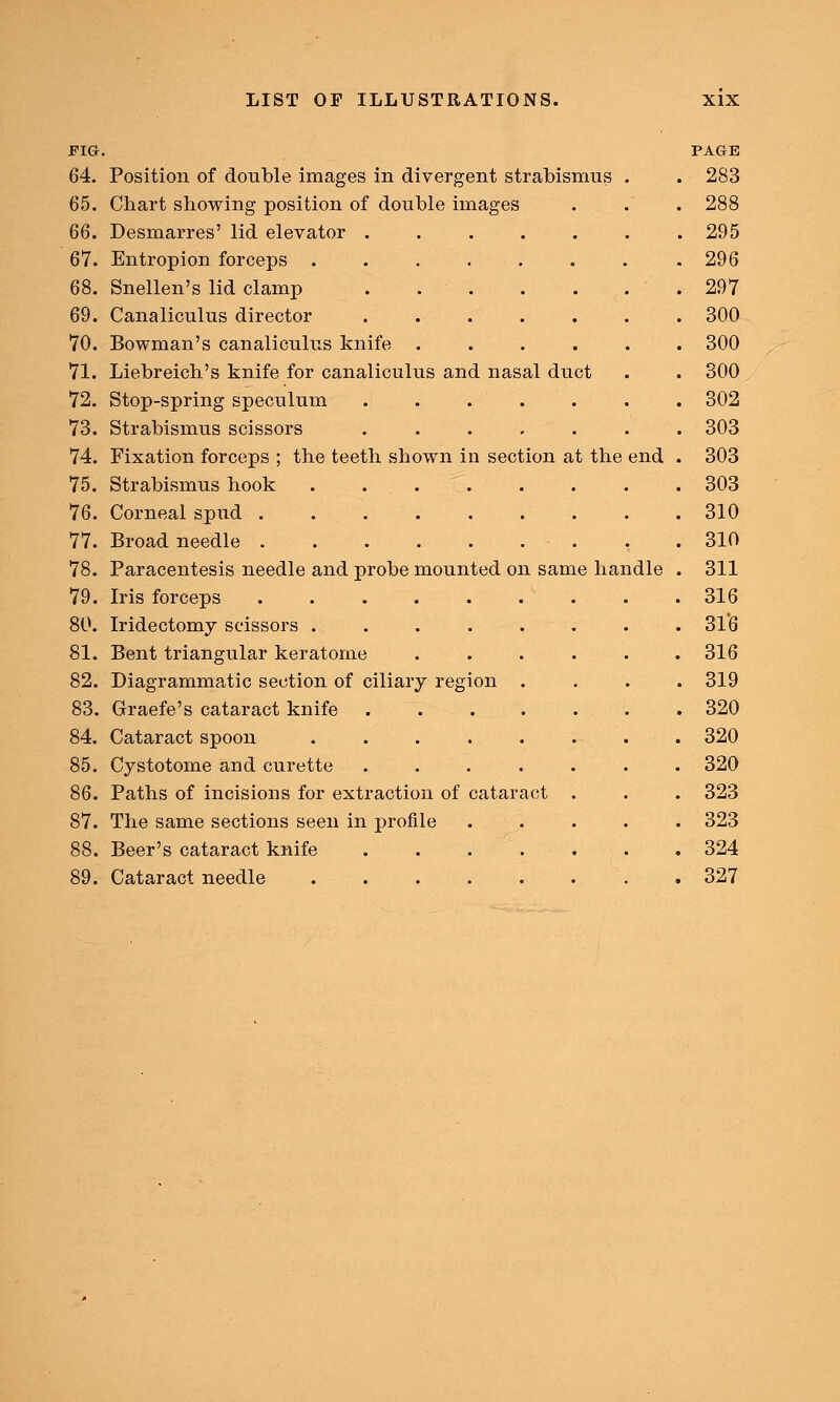 FIG. PAGE 64. Position of double images in divergent strabismus . . 283 65. Chart showing position of double images . . .288 66. Desmarres' lid elevator ....... 295 67. Entropion forceps 296 68. Snellen's lid clamp . . . . . . .297 69. Canaliculus director ....... 300 70. Bowman's canaliculus knife ...... 300 71. Liebreich's knife for canaliculus and nasal duct . . 300 72. Stop-spring speculum . . . . . . . 302 73. Strabismus scissors . . . , . . . 303 74. Fixation forceps ; the teeth shown in section at the end . 303 75. Strabismus hook . 303 76. Corneal spud . . . . . . . . .310 77. Broad needle , .310 78. Paracentesis needle and probe mounted on same handle . 311 79. Iris forceps 316 80. Iridectomy scissors 316 81. Bent triangular keratome ...... 316 82. Diagrammatic section of ciliary region .... 319 83. Graefe's cataract knife . . . . . , . 320 84. Cataract spoon . . . . . . - . . 320 85. Cystotome and curette ....... 320 86. Paths of incisions for extraction of cataract . . . 323 87. The same sections seen in profile ..... 323 88. Beer's cataract knife . 324 89. Cataract needle 327