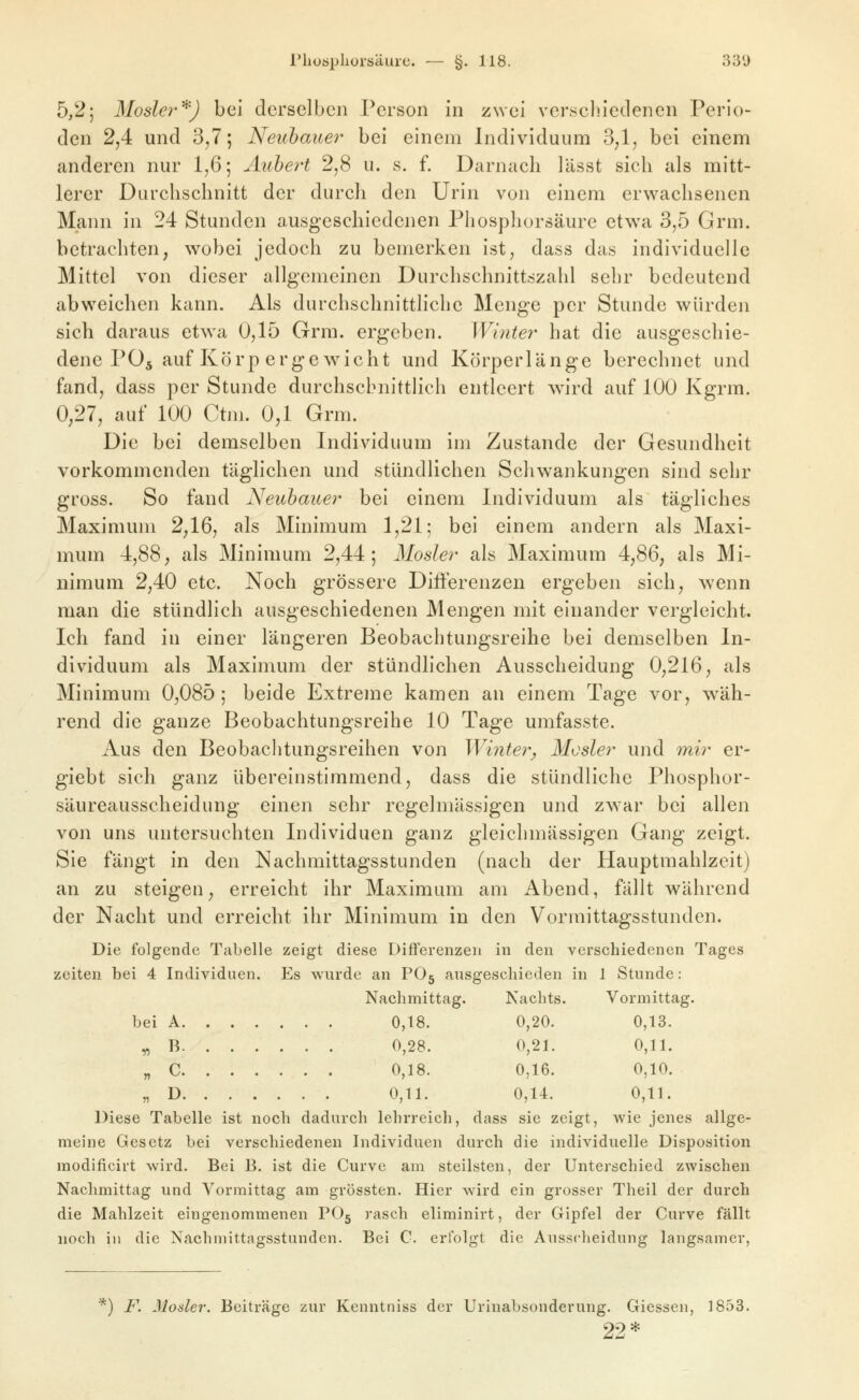 riioäphüi-säuic — §. 118. 33ü 5,2; Mosler*) bei derselben Person in zwei vcrsclnedenen Perio- den 2j4 und 3,7; Neiihauer bei einem Individuum 3;1, bei einem anderen nur 1,6; Auhert 2,8 u. s. f. Darnach lässt sich als mitt- lerer Durchschnitt der durch den Urin von einem erwachsenen Mann in 24 Stunden ausgeschiedenen Phosphorsäure etwa 3,5 Grm. betrachten, wobei jedoch zu bemerken ist, dass das individuelle Mittel von dieser allgemeinen Durchschnittszahl sehr bedeutend abweichen kann. Als durchschnittliche Menge per Stunde würden sich daraus etwa 0,15 Grm. ergeben. Wintei hat die ausgeschie- dene PO5 auf Körp ergewicht und Körperlänge berechnet und fand, dass per Stunde durchscbnitthch entleert wird auf 100 Kgrm. 0,27, auf 100 Ctm. 0,1 Grm. Die bei demselben Individuum im Zustande der Gesundheit vorkommenden täglichen und stündlichen Schwankungen sind sehr gross. So fand Neubauer bei einem Individuum als tägliches Maximum 2,16, als Minimum 1,21; bei einem andern als Maxi- mum 4,88, als Minimum 2,44; Mosle?- als Maximum 4,86, als Mi- nimum 2,40 etc. Noch grössere Differenzen ergeben sich, wenn man die stündlich ausgeschiedenen Mengen mit einander vergleicht. Ich fand in einer längeren Beobachtungsreihe bei demselben In- dividuum als Maximum der stündlichen Ausscheidung 0,216, als Minimum 0,085; beide Extreme kamen an einem Tage vor, wäh- rend die ganze Beobachtungsreihe 10 Tage umfasste. Aus den Beobaclitungsreihen von Wintet^^ Mosler und mir er- giebt sich ganz übereinstimmend, dass die stündliche Phosphor- säureausscheidung einen sehr regelmässigen und zwar bei allen von uns untersuchten Individuen ganz gleichmässigen Gang zeigt. Sie fängt in den Nachmittagsstunden (nach der Hauptmahlzeit) an zu steigen, erreicht ihr Maximum am Abend, fällt während der Nacht und erreicht ihr Minimum in den Vormittagsstunden. Die folgende Tabelle zeigt diese Differenzen in den verschiedenen Tages Zeiten bei 4 Individuen. Es wurde an PO5 ausgeschieden in 1 Stunde: Nachmittag. Nachts. Vormittag. bei A 0,18. 0,20. 0,13. „ B 0,28. 0,21. 0,11. „ C 0,18. 0,16. 0,10. „ D 0,11. 0,14. 0,11. Diese Tabelle ist noch dadurch lehrreich, dass sie zeigt, wie jenes allge- meine Gesetz bei verschiedenen Individuen durch die individuelle Disposition modificirt wird. Bei B. ist die Curve am steilsten, der Unterschied zwischen Nachmittag und Vormittag am grössten. Hier wird ein grosser Theil der durch die Mahlzeit eingenommenen PO5 rasch eliminirt, der Gipfel der Curve fällt noch in die Nachniittagsstunden. Bei C. erfolgt die Ausscheidung langsamer. *) F. Mosler. Beiträge zur Kenntniss der Urinabsonderung. Giessen, 1853. 22*