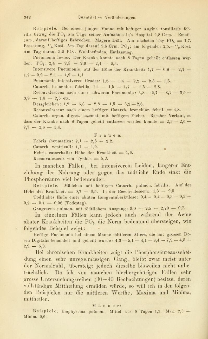 Beispiele. Bei einem jungen Manne mit heftiger Angina tonsillaris feli- rilis betrug die PO5 am Tage seiner Aufnahme in's Hospital 2,8 Grin. - Emeti- cum, darauf heftiges Erbrechen. Magere Diät. Am nächsten Tag PO5 = 1,7. Besserung, ^ 4 Kost. Am Tag darauf 2,6 Grm. PO5; am folgenden 2,5.—'/j Kost. Am Tag darauf 3,2 PO5. Wohlbefinden, Entlassung. Pneumonia levior. Der Kranke konnte nach 8 Tagen geheilt entlassen wer- den. PO5: 2,4 — 2,5 — 2,9 - 2,4 — 2,3. Intensivere Pneumonie, auf der Höhe der Krankheit: 1,7 — 0,8 — 2,1 — 1,2 — 0,9 — 2,1 — 1,9 — 1,1. Pneumonie intensiveren Grades: 1,6 — 1,4 — 2,2 — 2,3 — 1,6. Catarrh. bronchior. febrilis: 1,4 — 1,5 — 1,7 — 1,5 — 2,8. Reconvalescenz nach einer schweren Pneumonie ; 8,8 — 2,7 — 3,2 — 3^5 — 3,9 — 1,8 — 2,5 etc. Dessgleichen: 1,9 — 5,6 — 2,8 — 1,5 — 3,2 — 2,8. Reconvalescenz nach einem heftigen Catarrh. bronchior. febril. = 4,8. Catarrh. organ. digest. eczemat. mit heftigem Fieber. Rascher Verlauf, so dass der Kranke nach 8 Tagen geheilt entlassen werden konnte = 2,3 — 2,6 — 2,7 — 2,6 — 3,4. Frauen. Febris rheumatica: 2,1 ~ 2,3 — 2,2. Catarrh. ventriculi: 1,1 — 1,2. Febris catarrhalis: Höhe der Krankheit = 1,6. Reconvalescenz von Typhus = 5,2. In manchen Fällen , bei intensiverem Leiden, längerer Ent- ziehung der Nahrung oder gegen das tödtliche Ende sinkt die Phosphorsäure viel bedeutender. Beispiele. Mädchen mit heftigem Catarrh. pulmon. febrilis. Auf der Höhe der Krankheit = 0,7 — 0,5. In der Reconvalescenz: 1,3 — 2,5. Tödtliches Ende einer akuten Lungentuberkulose: 0,4 — 0,4 — 0,3 — 0,3 — 0,2 — 0,1 — 0,08 (Todestag). Gangraena pulmon. mit tödtlichem Ausgang: 3,0 — 2,5 — 2,20 — 0,7. In einzelnen Fällen kann jedoch auch während der x\cme akuter Krankheiten die PO5 die Norm bedeutend übersteigenj wie folgendes Beispiel zeigt: Heftige Pneumonie bei einem Manne mittleren Alters, die mit grossen Do- sen Digitalis behandelt und geheilt wurde: 4,3 — 5,1 — 4,1 — 8,4 — 7,9 — 4,5 — 2,9 — 5,0. Bei chronischen Krankheiten zeigt die Phosphorsäureausschei- dung einen sehr unregelmässigen Gang, bleibt zwar meist unter der Normalzahl, übersteigt jedoch dieselbe bisweilen nicht unbe- trächtlich. Da ich von manchen hierhergehörigen Fällen sehr grosse üntersuchungsreihen (30—40 Beobachtungen) besitze, deren vollständige Mittheilung ermüden würde, so will ich in den folgen- den Beispielen nur die mittleren Werthe, Maxima und Minima^ mittheilen. M ä u n e r : Beispiele: Emphysema pulmon. Mittel aus 8 Tagen 1,3. Max. 2,3 — Minim. 0,6.
