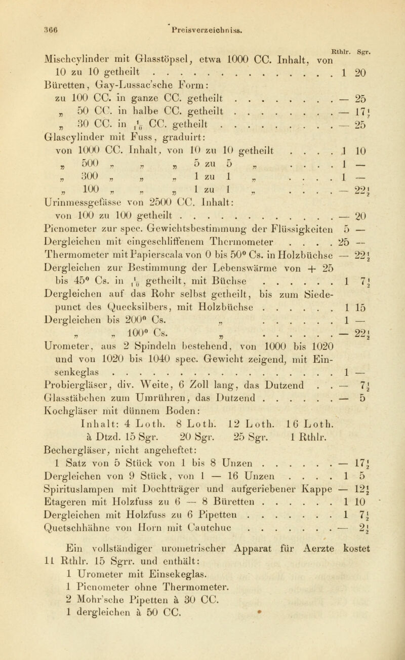 Rthlr. Sgr. Mischcylinder mit Glasstöpsel, etwa 1000 CC. Inhalt, von 10 zu 10 getheilt 1 20 Büretten, Gay-Lussac'sche Form: zu 100 CC. in ganze CC. getheilt — 25 „ 50 CC. in halbe CC. getheilt — 17! „ 30 CC. in ,V C^- getheilt — 25 Glascylinder mit Fuss, graduirt: von 1000 CC. Inhalt, von 10 zu 10 getheilt .... 1 10 „ 500 „ „ „ 5 zu 5 „ ....!_ „ 300 „ „ ^ 1 zu 1 „ ....!_ ;, 100 „ „ ^ „ 1 zu 1 „ . : . . _ 22J Urinmessgefässe von 2500 CC. Inhalt: von 100 zu 100 getheilt — 20 Picnometer zur spec. Gewichtsbestimmung der Flüssigkeiten 5 — Dergleichen mit eingeschlifFenem Thermometer . . . .25 — Thermometer mitPapierscala von 0 bis 50^ Cs. in Holzbüchse — 22\ Dergleichen zur Bestimmung der Lebenswärme von -f 25 bis 45*^ Cs. in ,V, getheilt, mit Büchse ...... 1 7^ Dergleichen auf das Rohr selbst getheilt, bis zum 8iede- punct des Quecksilbers, mit Holzbüchse 1 15 Dergleichen bis 200 Cs. ,, 1 — „ 100« Cs. „ — 22^ Urometer, aus 2 Spindeln bestehend, von 1000 bis 1020 und von 1020 bis 1040 spec. Gewicht zeigend, mit Ein- senkeglas 1 — Probiergläser, div. Weite, 6 Zoll lang, das Dutzend . . — 7^ Glasstäbchen zum Umrühren, das Dutzend — 5 Kochgläser mit dünnem Boden: Inhalt: 4 Loth. 8 Loth. 12 Loth. 16 Loth. k Dtzd. 15 Sgr. 20 Sgr. 25 Sgr. 1 Rthlr. Becher gl äser, nicht angeheftet: 1 Satz von 5 Stück von 1 bis 8 Unzen — 17^ Dergleichen von 9 Stück, von 1 — 16 Unzen .... 1 5 Spirituslampen mit Dochtträger und aufgeriebener Kappe — 12^ Etageren mit Holzfuss zu 6 — 8 Büretten 1 10 Dergleichen mit Holzfuss zu 6 Pipetten 1 7J Quetschhähne von Hörn mit Cautchuc — 2] Ein vollständiger urometrischer Apparat für Aerzte kostet 11 Rthlr. 15 Sgrr. und enthält: 1 Urometer mit Einsekeglas. 1 Picnometer ohne Thermometer. 2 Mohr'sche Pipetten ä 30 CC. 1 dergleichen ä 50 CC. •