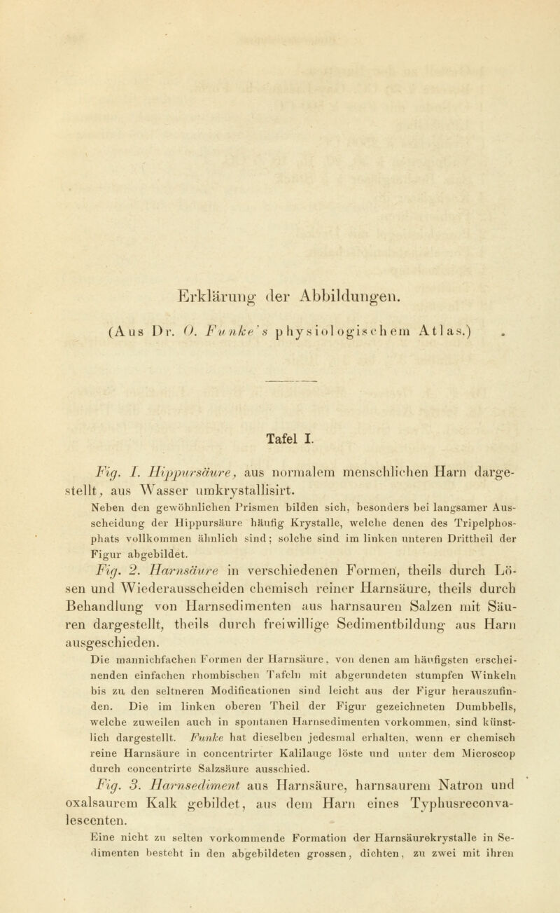 Erklärung der Abbildungen. (Aus Dr. 0. Funke's p hy s iol ogi.se h em Atlas.) Tafel I. Fig. I. Hi])])ursäurey aus normalem menschlichen Harn darge- stellt, aus Wasser urakrystallisirt. Neben den gewöhnlichen Prismen bilden sich, besonders bei langsamer Aus- scheidung der Hippursäure häufig Krystalle, welche denen des Tripelphos- phats vollkommen ähnlich sind; solche sind im linken unteren Drittheil der Figur abgebildet. Fig, 2. Harnsäure in verschiedenen Formen, theils durch Lö- sen und Wiederausscheiden chemisch reiner Harnsäure, theils durch Behandlung von Harnsedimenten aus harnsauren Salzen mit Säu- ren dargestellt, theils durch freiwillige Sedimentbildung aus Harn ausgeschieden. Die mannichfachen Formen der Harnsäure, von denen am häufigsten erschei- nenden einfachen rhombischen Tafeln mit abgerundeten stumpfen Winkeln bis zu den seltneren Modificationen sind leicht aus der Figur herauszufin- den. Die im linken oberen Theil der Figur gezeichneten Dumbbells, welche zuweilen auch in spontanen Harnsedimenten vorkommen, sind künst- lich dargestellt. Funke hat dieselben jedesmal erlialten, wenn er chemisch reine Harnsäure in concentrirter Kalilauge löste und unter dem Microscop durch concentrirte Salzsäure ausschied. Fig. 3. Hmmsediment aus Harnsäure, harnsaurem Natron und oxalsaurem Kalk gebildet, aus dem Harn eines Typhusreconva- lescenten. Eine nicht zu selten vorkommende Formation der Harnsäurekrystalle in Se- dimenten besteht in den abgebildeten grossen, dichten, zu zwei mit ihren