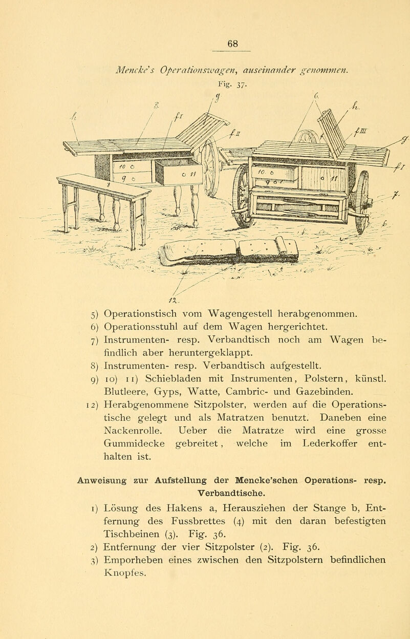 Mencke s Operationstvagen, auseinander genommen. Fig. n. 5) Operationstisch vom Wagengestell herabgenommen. 6) Operationsstuhl auf dem Wagen hergerichtet. 7) Instrumenten- resp. Verbandtisch noch am Wagen be- findlich aber heruntergeklappt. 8) Instrumenten- resp. Verbandtisch aufgestellt. 9) 10) 11) Schiebladen mit Instrumenten, Polstern, künstl. Blutleere, Gyps, Watte, Cambric- und Gazebinden. 12) Herabgenommene Sitzpolster, werden auf die Operations- tische gelegt und als Matratzen benutzt. Daneben eine Nackenrolle. Ueber die Matratze wird eine grosse Gummidecke gebreitet, welche im Lederkoffer ent- halten ist. Anweisung zur Aufstellung der Meneke'schen Operations- resp. Verbandtisehe. i) Lösung des Hakens a, Herausziehen der Stange b, Ent- fernung des Fussbrettes (4) mit den daran befestigten Tischbeinen {3). Fig. 36. 2) Entfernung der vier Sitzpolster {2). Fig. 36. 3) Emporheben eines zwischen den Sitzpolstern befindlichen Knopfes.