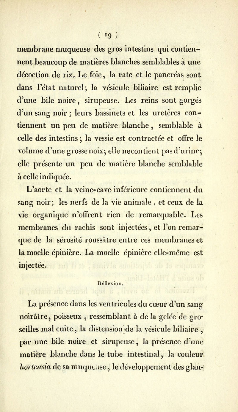 ( ^9 ) membrane muqueuse des gros intestins qui contien- nent beaucoup de matières blancbes semblables à une de'coction de riz. Le foie, la rate et le pancréas sont dans l'état naturel; la vésicule biliaire est remplie d'une bile noire, sirupeuse. Les reins sont gorgés d'un sang noir ; leurs bassinets et les uretères con- tiennent un peu de matière blanche , semblable à celle des intestins *, la vessie est contractée et offre le volume d une grosse noix*, elle neconlient pas d'urine-, elle présente un peu de matière blanche semblable à celle indiquée. L'aorte et la veine-cave inférieure contiennent du sang noir; les nerfs de la vie animale , et ceux de la vie organique n'offrent rien de remarquable. Les membranes du rachis sont injectées, et l'on remar- que de la sérosité roussâtre entre ces membranes et la moelle épinière. La moelle épinière elle-même est injectée. Réflexion. La présence dans les ventricules du cœur d'un sang noirâUe, poisseux , ressemblant à delà gelée de gro- seilles mal cuite, la distension de la vésicule biliaire , par une bile noire et sirupeuse, la présence d'une matière blanche dans le tube intestinal, la couleur hortensia de sa muqut jse, le développement des glan-