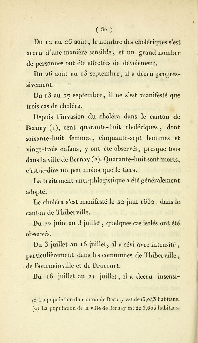 Du i'2 au 26 août, le nombre des cholériques s est accru d'une manière sensible, et un grand nombre de personnes ont élé affeclées de dévoiement. Du 26 août au i3 septembre, il a décru progres- sivement. Du 13 au 27 septembre, il ne s'est manifesté que trois cas de choléra. Depuis l'invasion du choléra dans le canton de Bernay (i), cent quarante-huit cholériques , dont soixante-huit femmes, cinquante-sept hommes et vingt-trois enfans, y ont été observés^ presque tous dans la ville de Bernay (2). Quarante-huit sont morts, c'est-à-dire un peu moins que ie tiers. Le traitement anti-phlogistique a été généralement adopté. Le choléra s'est manifesté le 22 juin i832, dans le canton de Thibervilîe. Du 22 juin au 3 juillet, quekjues cas isolés ont été observés. Du 3 juillet au 16 juillet, il a sévi avec intensité , particulièrement dans les communes de Thibervilîe, de Bournainvilîe et de Drucourt. Du 16 juillet au 21 juillet, il a décru insensi- (î) La population du CcUiton de Bernay est dei6,o43 habitans, (2) La population de la ville de Bernay est de 6,6o5 habilans.
