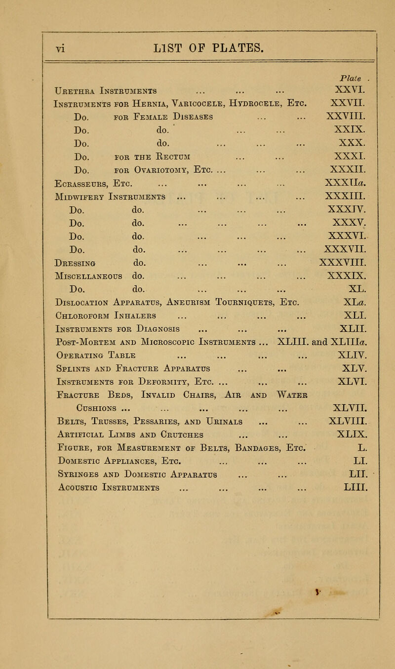 Urethra Instruments Instruments for Hernia, Varicocele, Hydrooele, Etc. Do. FOR Female Diseases Do. do. ' Do. do. Do. FOR THE EeCTUM Do. FOR Ovariotomy, Etc. ... EcRASsEURs, Etc. Midwifery Instruments ... Do. do. Do. do. Do. do. Do. do. Dressing do. Miscellaneous do. Do. do. Dislocation Apparatus, Aneurism Tourniquets, Etc. Chloroform Inhalers Instruments for Diagnosis Post-Mortem and Microscopic Instruments ... XLIII. Operating Table Splints and Fracture Apparatus Instruments for Deformity, Etc. ... Fracture Beds, Invalid Chairs, Air and Water Cushions ... Belts, Trusses, Pessaries, and Urinals Artificial Limbs and Crutches Figure, for Measurement of Belts, Bandages, Etc. Domestic Appliances, Etc. Syringes and Domestic Apparatus Acoustic Instruments Plate . XXVI. XXVII. XXVIII. XXIX. XXX. XXXI. XXXII. XXXTIa. XXXIII. XXXIV. XXXV. XXXVI. XXXVII. XXXVIII. XXXIX. XL. XLa. XLI. XLII. and XLTIIa. XLIV. XLV. XLVI. XLVII. XLVIII. XLIX. L. LI. LIT. LIII.