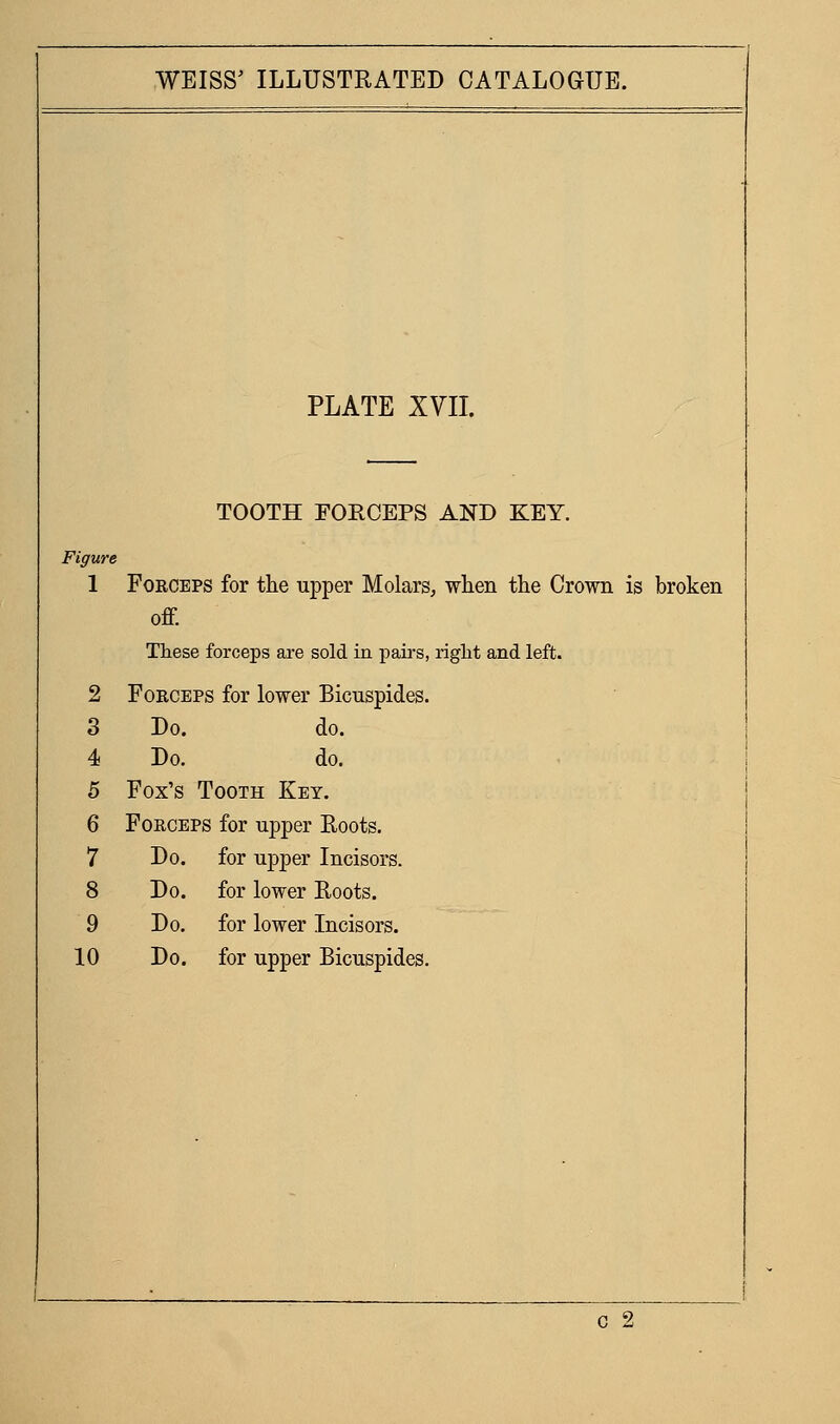 PLATE XVIL TOOTH FOECEPS AND KEY. igun 1 Forceps for the upper Molars, wlien the Crown is broken off. These forceps are sold in pairs, right and left. 2 Forceps for lower Bicuspides. 3 Do. do. 4 Do. do. 5 Fox's Tooth Key. 6 Forceps for upper Roots. 7 Do. for ujaper Incisors. 8 Do. for lower Roots. 9 Do. for lower Incisors. 10 Do. for upper Bicuspides. c 2