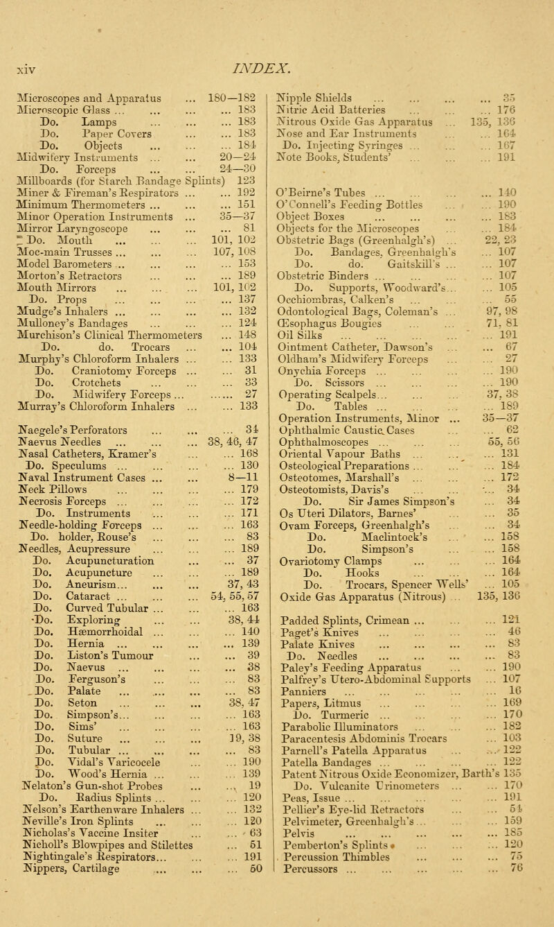 Microscopes and Apparatus ... 180—182 Microscopic Glass ... ... ... ... 183 Do. Lamps ... ... ... 183 Do. Paper Covers ... ... 183 Do. Objects 184 Midwifery Instruments 20—24 Do. Forceps 24—30 Millboards (for Starcli Eandage Splints) 123 Miner & Fireman's Eespii-ators ... Minimum Thermometers ... Minor Operation Instruments ... Mirror Laryngoscope ^Do. Mouth Moc-main Trusses ... Model Barometers :.. Morton's Eetractors Mouth Mirrors Do. Props Mudge's Inhalers ... Mulloney's Bandages Murchison's Clinical Thermometers Do. do. Trocars Murphy's Chloroform Inhalers ... Do. Craniotomy Forceps ... Do. Crotchets ' Do. Midwifery Forceps ... Murray's Chloroform Inhalers ... 101, 19i ... 151 35—37 ... 81 101, 102 107, 108 ... 153 ... 189 102 137 132 124 148 104 133 31 33 27 133 I^aegele's Perforators Ifaevus IN'eedles Fasal Catheters, Kramer's Do. Speculums ... !Naval Instrument Cases ... Neck Pillows Ifecrosis Forceps ... Do. Instruments Needle-holding Forceps ... Do. holder, Eouse's Needles, Acupressure Do. Acupuncturation Do. Acupuncture Do. Aneurism... Do. Cataract ... Do. Curved Tubular •Do. Exploring Do. Heemorrhoidal ... Do. Hernia ... Do. Liston's Tumour Do. Naevus Do. Ferguson's .Do. Palate Do. Seton Do. Simpson's... Do. Sims' Do. Suture Do. Tubular Do. Vidal's Varicocele Do. Wood's Hernia Nelaton's Gun-shot Probes Do. Eadius Splints ... Nelson's Earthenware Inhalers .. Neville's Iron Splints Nicholas's Vaccine Insiter NichoU's Blowpipes and StUettes Nightingale's Eespirators Nippers, Cartilage ... 3i 38, 46, 47 ... 168 ... 130 8—11 ... 179 ... 172 ... 171 ... 163 ... 83 ... 189 ... 37 ... 189 37,43 54, 55, 57 ... 163 38, 44 ... 140 ... 139 ... 39 ... 38 ... 83 ... 83 38,47 ... 163 ... 163 ]9, 38 ... 83 ... 190 ... 139 ... 19 ... 120 ... 132 ... 120 ... ' 63 ... 61 ... 191 ... 50 Nipple Shields 3.> Nitric Acid Batteries 176 .Nitrous Oxide Gas Apparatus ... 13-5, 136 Nose and Ear Instruments ... ... 1G4 Do. Injecting Syringes ... ... ... 167 Note Books, Students' 191 O'Beirne's Tubes 140 O'Connell's Feeding Bottles 190 Object Boxes 163 Objects for the Microscopes ... ... 184 Obstetric Bags (Greenhalgh's) ... 22,23 Do. Bandages. Greenhalgh's ... 107 Do. do. ' Gaitskill's 107 Obstetric Binders ... ... ... ... 107 Do. Supports, Woodward's... ... 105 Occhiombras, Calken's ... ... ... 55 Odontological Bags, Coleman's ... 97, 98 ffisophagus Bougies ... ... 71,81 Oil Silks ' ... 191 Ointment Catheter, Dawson's ... ... 67 Oldham's Midwifery Forceps ... ... 27 Onychia Forceps ... ... ... ... 190 Do. Scissors 190 Operating Scalpels 37. 38 Do. Tables 189 Operation Instruments, Minor ... 35—37 Ophthalmic Caustic,Cases ... ... 62 Ophthalmoscopes ... ... ... 55,56 Oriental Vapour Baths ... ... ^ ... 131 Osteologicai Preparations ... ... ' ... 184 Osteotomes, Marshall's ... ... ... 172 Osteotomists, Davis's ... ... '... 34 Do. Sir James Simpson's ... 34 Os Uteri Dilators, Barnes' 35 Ovam Forceps, Greenhalgh's ... ... 34 Do. Maclintock's 158 Do. Simpson's ... ... 158 Ovariotomy Clamps ... ... ... 164 Do. Hooks 164 Do. Trocars, Spencer Wells' ... 105 Oxide Gas Apparatus (Nitrous) .. 135, 136 121 46 83 83 190 107 16 169 170 182 103 122 122 135 170 191 5t 159 185 120 75 76 Padded Splints, Crimean ... Paget's Knives Palate Knives Do. Needles Paley's Feeding Apparatus Palfrey's Utero-Abdominal Supports Panniers Papers, Litmus Do. Turmeric ... Parabolic Illuminators Paracentesis Abdominis Trocars Parnell's Patella Apparatus Patella Bandages ... Patent Nitrous Oxide Economizer, Barth'i Do. Vulcanite Lrinometers ... Peas, Issue ... Pellier's Eye-lid Eetractoi's Pelvimeter, Greenhalgh's... Pelvis Pemberton's Splints ♦ Percussion Thimbles Percussors ...