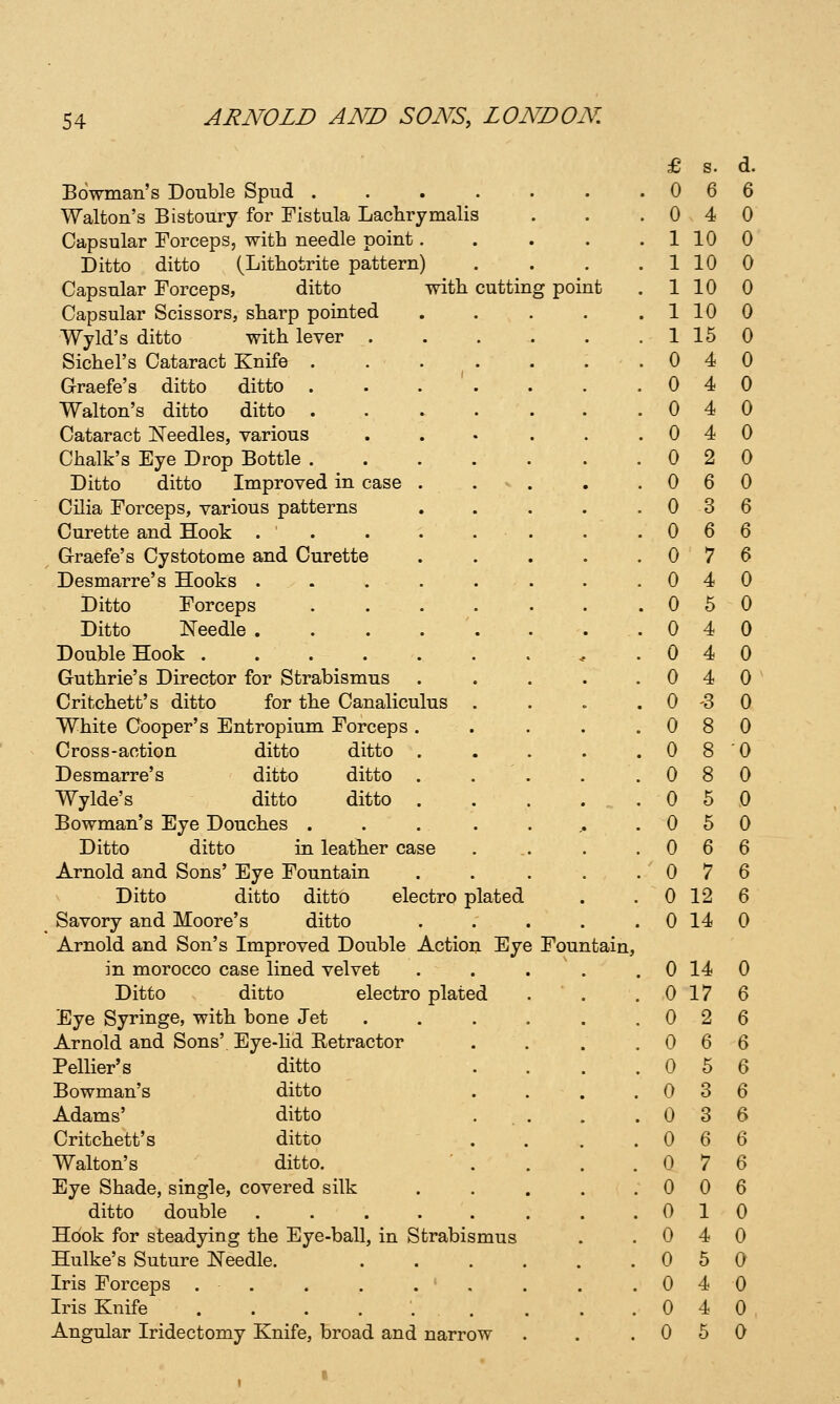 Bowman's Double Spud .... Walton's Bistoury for Fistula Lachrymalis Capsular Forceps, with needle point. Ditto ditto (Lithotrite pattern) Capsular Forceps, ditto with Capsular Scissors, sharp pointed Wyld's ditto with lever Sichel's Cataract Knife . Graefe's ditto ditto . Walton's ditto ditto . Cataract ISTeedles, various Chalk's Eye Drop Bottle . Ditto ditto Improved in case . Cilia Forceps, various patterns Curette and Hook . . . . . Graefe's Cystotome and Curette Desmarre's Hooks . . . . . Ditto Forceps . . . Ditto Needle . . . . '. Double Hook ...... Guthrie's Director for Strabismus Critchett's ditto for the Canaliculus . White Cooper's Entropium Forceps . Cross-action ditto ditto . Desmarre's ditto ditto . Wylde's ditto ditto . Bowman's Eye Douches .... Ditto ditto in leather case Arnold and Sons' Eye Fountain Ditto ditto ditto electro plated Savory and Moore's ditto Arnold and Son's Improved Double Action Eye in morocco case lined velvet Ditto ditto electro plated Eye Syringe, with bone Jet Arnold and Sons' Eye-lid Retractor Pellier's ditto Bowman's ditto Adams' ditto Critchett's ditto Walton's ditto. ' . Eye Shade, single, covered silk ditto double ..... Hook for steadying the Eye-ball, in Strabismus Hulke's Suture Needle. Iris Forceps . . . . . ' . Iris Knife . . . . . . Angular Iridectomy Knife, broad and narrow cutting point Fountain, £ s. d. 0 6 6 0 4 0 10 0 10 0 10 0 10 0 15 0 0 4 0 0 4 0 0 4 0 0 4 0 0 2 0 0 6 0 0 3 6 0 6 6 0 7 6 0 4 0 0 6 0 0 4 0 0 4 0 0 4 0 0 '3 0 0 8 0 0 8 0 0 8 0 0 5 0 0 5 0 0 6 6 0 7 6 0 12 6 0 14 0 0 14 0 0 17 6 0 2 6 0 6 6 0 5 6 0 3 6 0 3 6 0 6 6 0 7 6 0 0 6 0 1 0 0 4 0 0 5 0 0 4 0 0 4 0 0 5 0