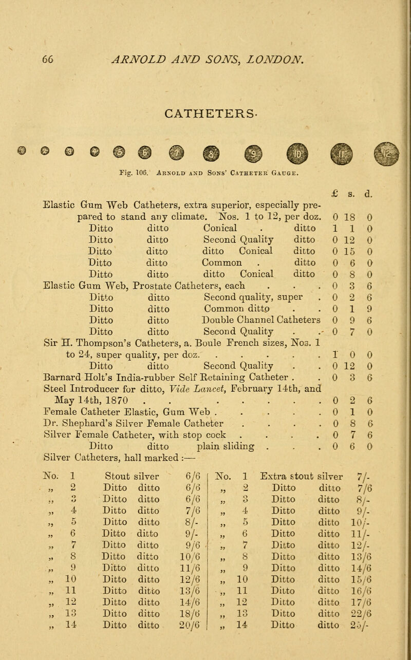 CATHETERS © 0 © Fig. 106. Arnold and Sons' Catheter Gauge. I £ s. d. Elastic Gum Web Catheters, extra superior, especially pre- pared to stand any climate. Nos. 1 to 12, per doz. Ditto Ditto Ditto Ditto Ditto ditto ditto ditto ditto ditto Conical Second Quality ditto Conical Common ditto Conical ditto ditto ditto ditto ditto Elastic Gum Web, Prostate Catheters, each Ditto ditto Second quality, super Ditto ditto Common dittp Ditto ditto Double Channel Catheters Ditto ditto Second Quality Sir H. Thompson's Catheters, a. Boule French sizes, Nos. 1 to 24, super quality, per doz. ..... Ditto ditto Second Quality Barnard Holt's India-rubber Self Eetaining Catheter . Steel Introducer for ditto, Yide Lancet, February 14th, and May 14th, 1870 . . . . Female Catheter Elastic, Gum Web . Dr. Shephard's Silver Female Catheter Silver Female Catheter, with stop cock Ditto ditto plain sliding Silver Catheters, hall marked :-— 0 18 1 1 0 12 0 15 0 0 0 0 0 0 0 6 0 8 0 I 0 0 12 0 3 1^0. 1 9 10 11 12 13 14 Stout Ditto Ditto Ditto Ditto Ditto Ditto Ditto Ditto Ditto Ditto Ditto Ditto Ditto silver ditto ditto ditto ditto ditto ditto ditto ditto ditto ditto ditto ditto ditto 61^ 6/6 7/6 8/- 9/- 9/6 10/6 11/6 12/6 13/6 14/6 18/6 20/6 :no. 1 o 4 5 6 7 8 9 10 11 12 13 14 Extra stout Ditto Ditto Ditto Ditto Ditto Ditto Ditto Ditto Ditto Ditto Ditto Ditto Ditto silver ditto ditto ditto ditto ditto ditto ditto ditto ditto ditto ditto ditto ditto 7/- 7/6 «/- 9/. 10/. 11/. 12/. 13/6 14/6 15/6 16/6 17/6 22/6 2.V-