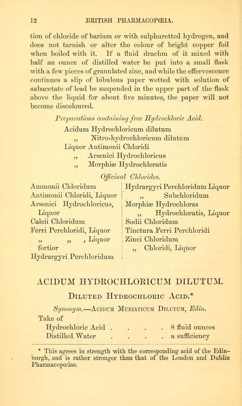 tion of cliloride of barium or with sulpliuretted hydrogen, and does not tarnish or alter the colour of bright copper foil when boiled with it. If a fluid drachm of it mixed with half an ounce of distilled water be put into a small flask with a few pieces of granulated zinc, and while the effervescence continues a slip of bibulous paper wetted with solution of subacetate of lead be suspended in the upper part of the flask above the liquid for about five minutes, the paper will not become discoloured. Prejoarations containing free Hijclrochloric Acid. Acidum Hydrochloricum dilutum ,, Mtro-hjdrochloricum dilutum Liquor Antimonii Chloridi ,, Ai'senici Hydrochloricus „ Morphias Hydrochloratis Officinal Chlorides. Ainmonii Chloridum | Hydrargyri Perchloridum Liquor Antimonii Chloridi, Liquor | „ Subchloridum Morphise Hydrochloras „ Hydrochloratis, Liquor Sodii Chloridum Tinctura Ferri Perchloridi Arsenici Hydrochloricus, Liquor Calcii Chloridum Ferri Perchloridi, Liquor ,, „ , Liquor j Zinci Chloridum fortior j „ Chloridi, Liquor Hydrargyri Perchloridum I ACIDUM HYDROCHLOEICUM DILUTUM. Diluted Hydrochlokic Acid.* Synonym.—^Acidum Muriaticum Dilutum, Udin. Take of Hydrochloric Acid .... 8 fluid ounces Distilled Water . ... a sufficiency * This agrees in strength with the corresponding acid of the Edin- burgh, and is rather stronger than that of the London and DubHn Pharmacopoeias.