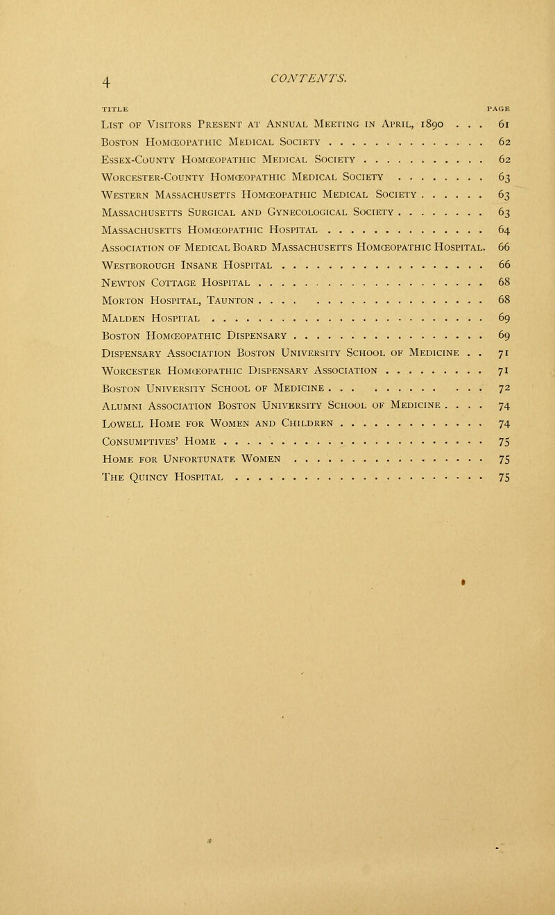 CONTENTS. TITLE PAGE List of Visitors Present at Annual Meeting in April, 1890 ... 61 Boston Homceopathic Medical Society 62 Essex-County Homceopathic Medical Society 62 Worcester-County Homceopathic Medical Society 63 Western Massachusetts Homoeopathic Medical Society 63 Massachuseits Surgical and Gynecological Society 63 Massachusetts Homceopathic Hospital 64 Association of Medical Board Massachusetts Homceopathic Hospital. 66 Westborough Insane Hospital 66 Newton Cottage Hospital 68 Morton Hospital, Taunton 68 Malden Hospital 69 Boston Homceopathic Dispensary 69 Dispensary Association Boston University School of Medicine , . 71 Worcester Homceopathic Dispensary Association 71 Boston University School of Medicine 72 Alumni Association Boston University School of Medicine .... 74 Lowell Home for Women and Children 74 Consumptives' Home 75 Home for Unfortunate Women 75 The Quincy Hospital • • . 75