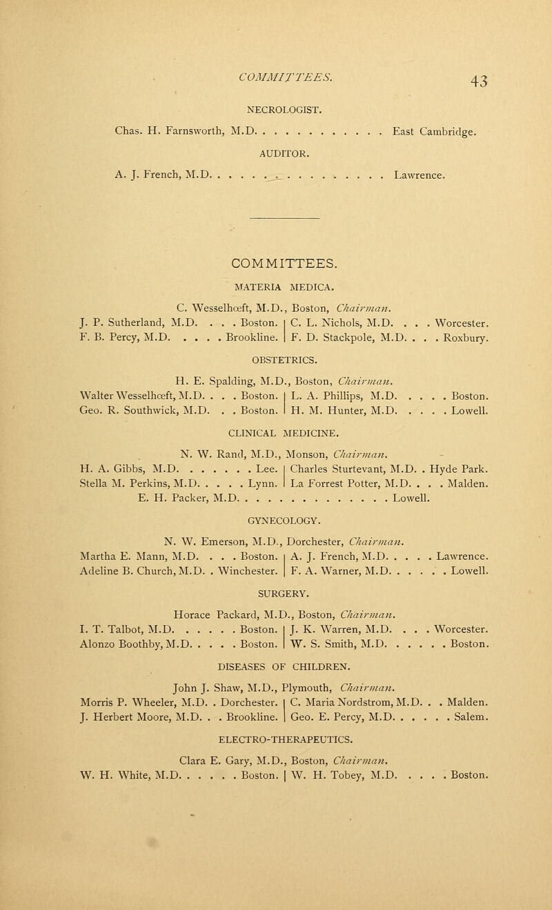 COMMITTEES. NECROLOGIST. Chas. H. Farnsworth, M.D East Cambridge. AUDITOR. A. J. French, M.D .__._ ......... Lawrence. COMMITTEES. MATERIA MEDICA. C. Wesselhoeft, M.D., Boston, Chairman. J. P. Sutherland, M.D. . . . Boston. I C. L. Nichols, M.D. . . . Worcester. F. B. Percy, M.D Brookline. | F. D. Stackpole, M.D. . . . Roxbury. OBSTETRICS. H. E. Spalding, M.D., Boston, Chairman. Walter Wesselhceft, M.D. . . . Boston. I L. A. Phillips, M.D Boston. Geo. R. Southwick, M.D. , . Boston. I H. M. Hunter, M.D Lowell. CLINICAL MEDICINE. N. W. Rand, M.D., Monson, Chairman. H. A. Gibbs, M.D Lee. I Charles Sturtevant, M.D. . Hyde Park. Stella M. Perkins, M.D Lynn. I La Forrest Potter, M.D. . . . Maiden. E. H. Packer, M.D Lowell. GYNECOLOGY. N. W. Emerson, M.D., Dorchester, Chair/nan. Martha E. Mann, M.D. . . . Boston, i A. J. French, M.D Lawrence. Adeline B. Church, M.D. . Winchester. | F. A. Warner, M.D Lowell. SURGERY. Horace Packard, M.D., Boston, Chairman. I. T. Talbot, M.D Boston. I J. K. Warren, M.D. . . . Worcester. Alonzo Boothby, M.D Boston. | W. S. Smith, M.D Boston. DISEASES OF CHILDREN. John J. Shaw, M.D., Plymouth, Chairman. Morris P. Wheeler, M.D. . Dorchester. I C. Maria Nordstrom, M.D. . . Maiden. J. Herbert Moore, M.D. . . Brookline. | Geo. E. Percy, M.D Salem. ELECTRO-THERAPEUTICS. Clara E. Gary, M.D., Boston, Chairman. W. H. White, M.D Boston. | W. H. Tobey, M.D Boston.