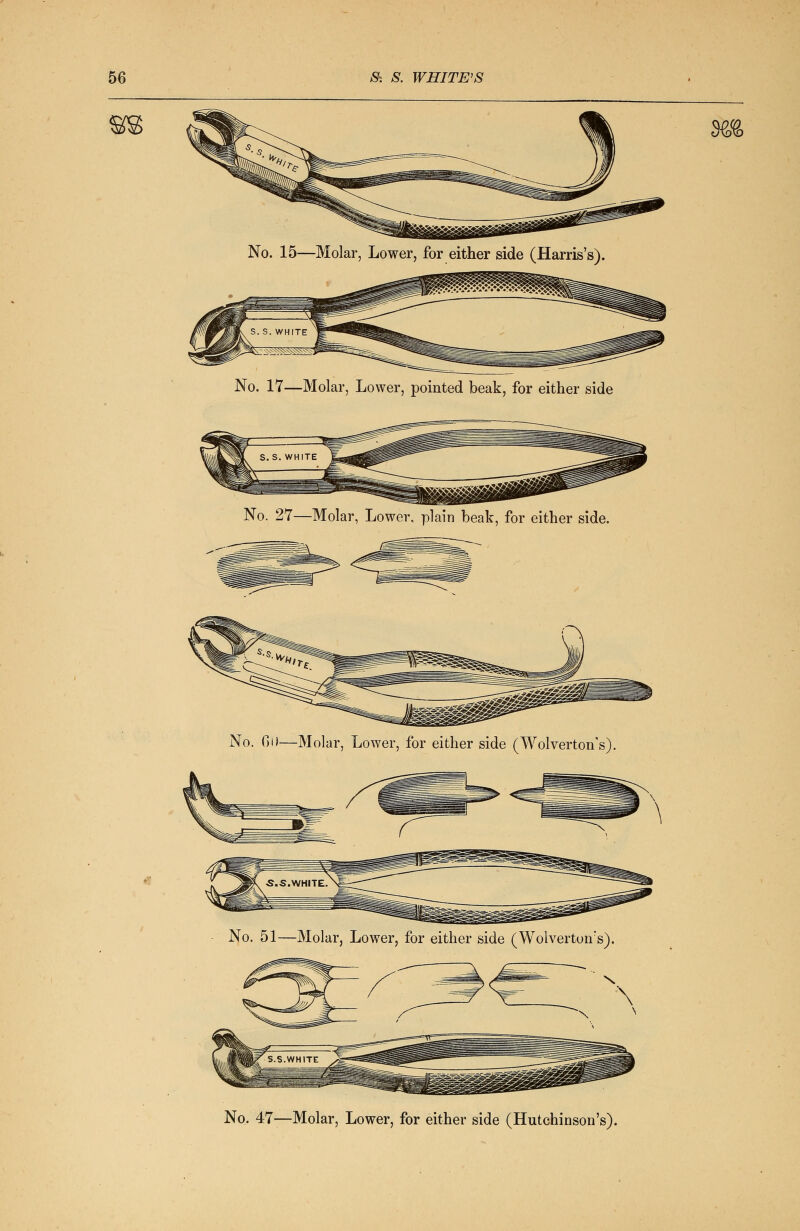 No. 15—Molar, Lower, for either side (Harris's). No. 17—Molar, Lower, pointed beak, for either side No. 27—Molar, Lower, plain beak, for either side. No. On—Molar, Lower, for either side (Wolverton's). No. 51—Molar, Lower, for either side (Wolverton's). No. 47—Molar, Lower, for either side (Hutchinson's).