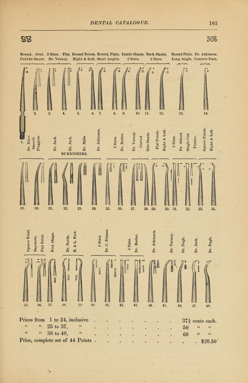 m Round. Oval. 2 Sizes. Flat. Round Points. Round, Plain. Inside Slants. Back Slants. Round Plain. Dr. Atkinson. Curved Shaft. Dr. Varney. Right & Left. Short Angles. 2 Sizes. 2 Sizes. Long Angle. Concave Face. 14. ft ft BURNISHERS » cfl N 5 3 « Si S Oj (N S-, <_J -a ft ft GO +J o H-l o u Oh <*3 <u S p a> eS J s 55 E=< P 02 . » c s ja • J 3 ft ^s H bO t>0 s 55 <1 P-. 3 Oh <N Cm 1h h s- jj 5^ ft ft ft ft ft ft ^ 40. Prices from 1 to 24, inclusive   25 to 37,    38 to 48,  Price, complete set of 44 Points 37} cents each. 50   60   . $20.50