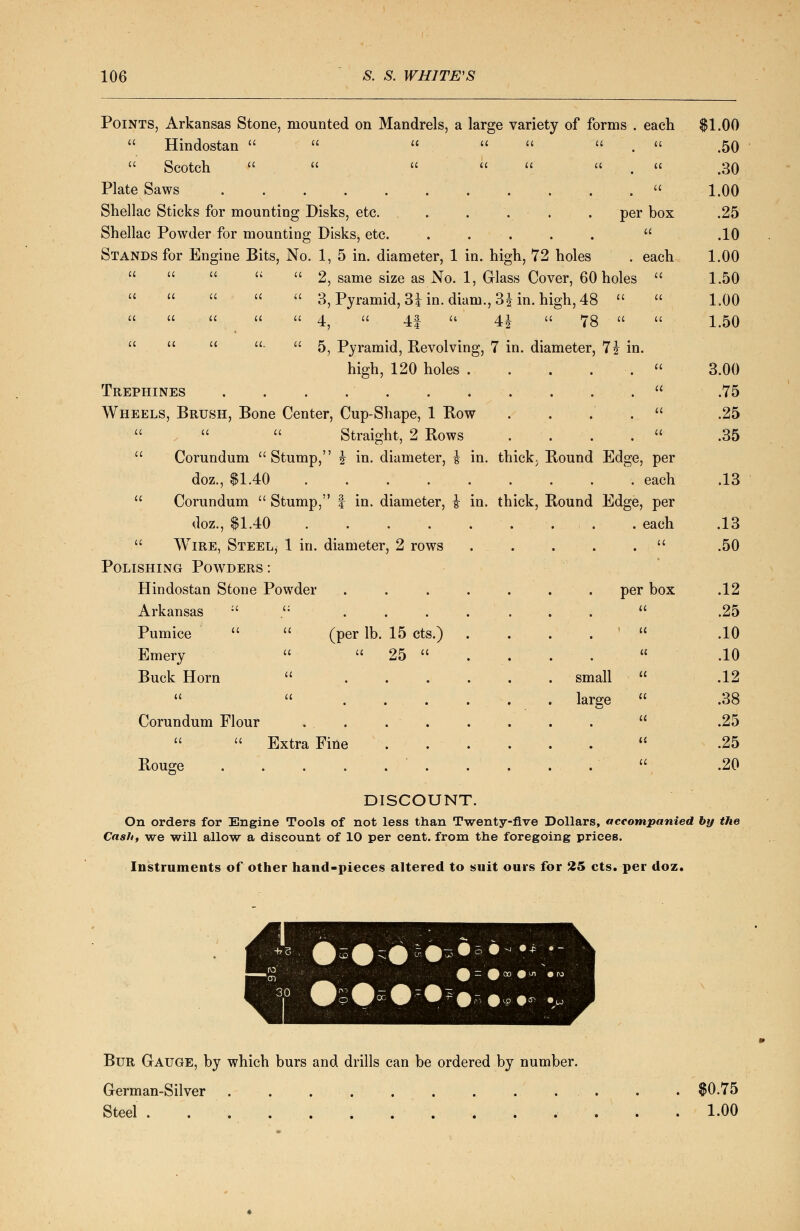 per box each a a a a u u a (C a a a a it a a Points, Arkansas Stone, mounted on Mandrels, a large variety of forms . each  Hindostan       .   Scotch       .  Plate Saws  Shellac Sticks for mounting Disks, etc. Shellac Powder for mounting Disks, etc. ..... Stands for Engine Bits, No. 1, 5 in. diameter, 1 in. high, 72 holes 2, same size as No. 1, Glass Cover, 60 holes  3, Pyramid, 3i in. diam., 3£ in. high, 48  4,  4|  4£  78       5, Pyramid, Revolving, 7 in. diameter, 7£ in. high, 120 holes . Trephines . . . Wheels, Brush, Bone Center, Cup-Shape, 1 Row    Straight, 2 Rows  Corundum Stump, i in. diameter, i in. thick. Round Edge, per doz., $1.40 ....  Corundum  Stump, f in. diameter, i doz., $1.40  Wire, Steel, 1 in. diameter, 2 rows Polishing Powders : Hindostan Stone Powder . each in. thick, Round Edge, per . each a Arkansas :' Pumice  Emery Buck Horn Corundum Flour a a (per lb. 15 cts.)  25  Extra Fine Rouge per box small large $1.00 .50 .30 1.00 .25 .10 1.00 1.50 1.00 1.50 3.00 .75 .25 .35 .13 .13 .50 .12 .25 .10 .10 .12 .38 .25 .25 .20 DISCOUNT. On orders for Engine Tools of not less than Twenty-five Dollars, accompanied by the Cash, we will allow a discount of 10 per cent, from the foregoing prices. Instruments of other hand-pieces altered to suit ours for 25 cts. per doz. Bur Gauge, by which burs and drills can be ordered by number. German-Silver . . . . . . . . . . . $0.75 Steel . 1.00