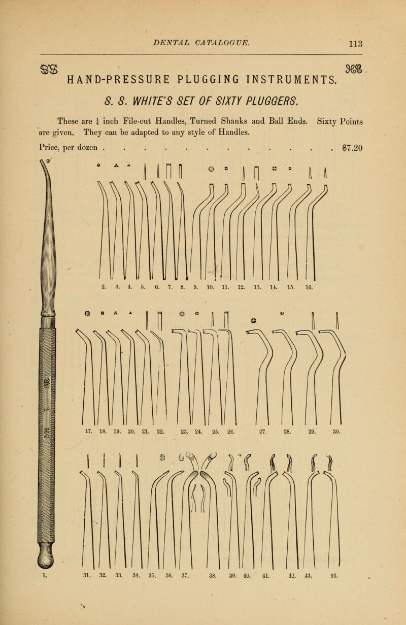 HAND-PRESSURE PLUGGING INSTRUMENTS. 5. 5. WHITE'S SET OF SIXTY PLUGGERS. These are \ inch File-cut Handles, Turned Shanks and Ball Ends. Sixty Points are given. They can be adapted to any style of Handles. Price, per dozen ............ $7.20 2. 3. 4. 5. 6. 7. 8. 9. 10. 11. 12. 13. 14. 15. 16. <!h C A A 17. 18. 19. 20. 21. 22. 23. 24. 25. 26. 27. 28. 29. 30. 31. 32. 33. 34. 35. 36. 37. 38. 39. 40. 41. 42. 43. 44.