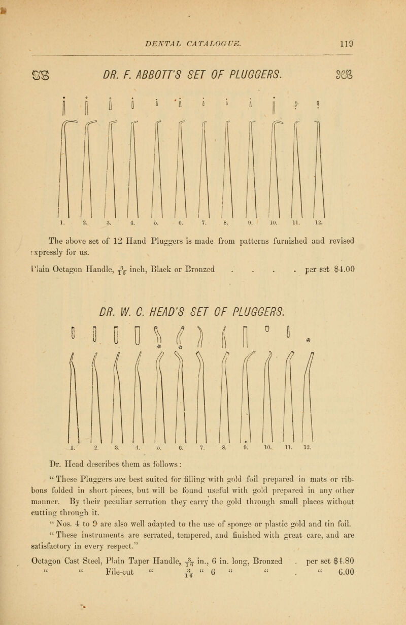 SS DR. F. ABBOTTS SET OF PLUQGERS. 21% • e ]. 2. (3. 7. 8. 9. 10. 11. 12. The above set of 12 Hand Pluggcrs is made from patterns furnished and revised xpressly for us. Plain Octagon Handle, j^g- inch, Black or Bronzed . per set §4.00 DR. W. C. HEAD'S SET OF PLUQGERS. o / / w Dr. Head describes them as follows:  These Pluggers are best suited for filling with gold foil prepared in mats or rib- bons folded in short pieces, but will be found useful with gold prepared in any other manner. By their peculiar serration they carry the gold through small places without cutting through it.  Nos. 4 to 9- are also well adapted to the use of sponge or plastic gold and tin foil.  These instruments are serrated, tempered, and finished with great care, and are satisfactory in every respect. Octagon Cast Steel, Plain Taper Handle, -^ in., 6 in. long, Bronzed . per set $4.80