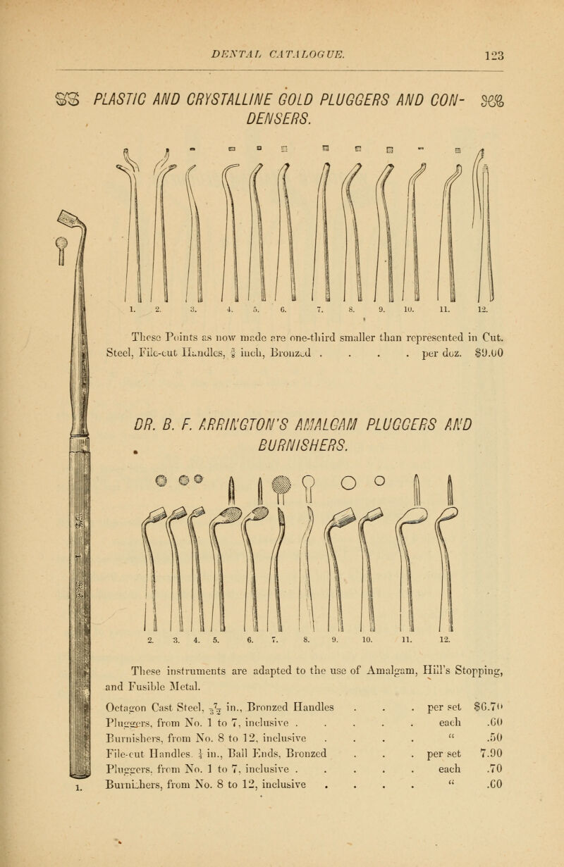 §C8 PLASTIC AND CRYSTALLINE GOLD PLUGGERS AND CON- 3t% DENSERS. en n These Points as now made pre one-third smaller than represented in Cut. Steel, File-cut Handles, -f inch, Bronzed .... per doz. $D.OO DR. B. F. ARRINGTON'S AMALGAM PLUGGERS AND BURNISHERS. ® #» 08k Q O ° I These instruments are adapted to the use of Amalgam, Hill's Stopping, and Fusible Metal. Octagon Cast Steel, ^ in., Bronzed Handles Pluggirs, from No. 1 to 7, inclusive .... Burnishers, from No. 8 to 12, inclusive File-cut Handles, j in., Bail Ends, Bronzed Pluggers. from No. 1 to 7, inclusive .... BuinLhers, from No. 8 to 12, inclusive per set $G.7<> each .GO a .50 . per set 7.90 each .70 ii .CO