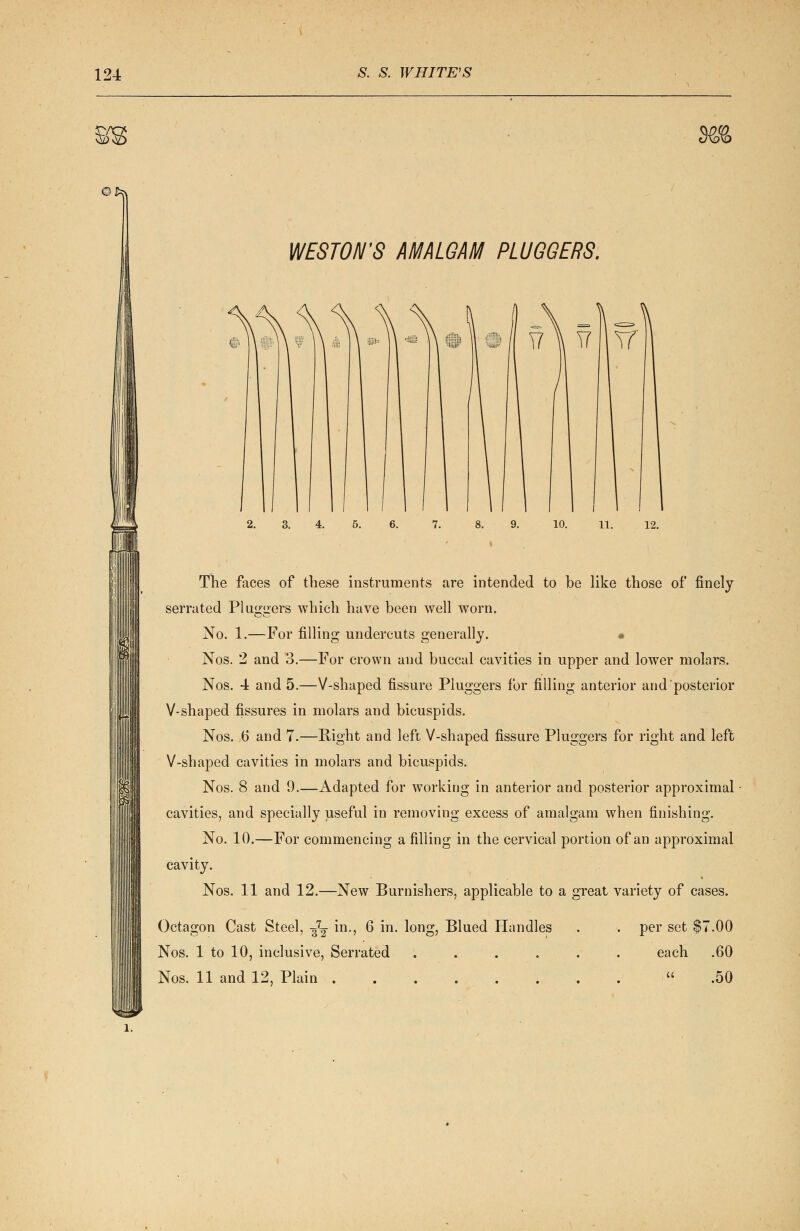 C' WESTON'S AMALGAM PLUGQERS. The faces of these instruments are intended to be like those of finely serrated Pluggers which have been well worn. No. 1.—For filling undercuts generally. Nos. 2 and 3.—For crown and buccal cavities in upper and lower molars. Nos. 4 and 5.—V-shaped fissure Pluggers for filling anterior and posterior V-shaped fissures in molars and bicuspids. Nos. 6 and 7.—Right and left V-shaped fissure Pluggers for right and left V-shaped cavities in molars and bicuspids. Nos. 8 and 9.—Adapted for working in anterior and posterior approximal cavities, and specially useful in removing excess of amalgam when finishing. No. 10.—For commencing a filling in the cervical portion of an approximal cavity. Nos. 11 and 12.—New Burnishers, applicable to a great variety of cases. Octagon Cast Steel, ^ in., 6 in. long, Blued Handles Nos. 1 to 10, inclusive, Serrated .... Nos. 11 and 12, Plain . per set $7.00 each .60 .50