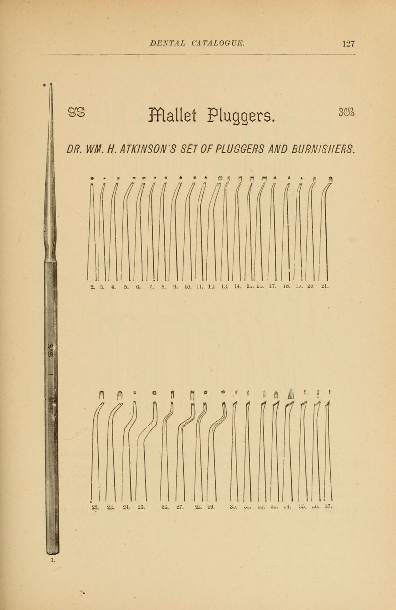 9fS Jftallet Pluggers. 0/7 (tf £/?. WW. H. ATKINSON'S SET OF PLUGGERS AND BURNISHERS. m 22. 2J. 2-i. 25. 26. 27. 2o. £9. iU o-j, tA. ud. wO. 57.