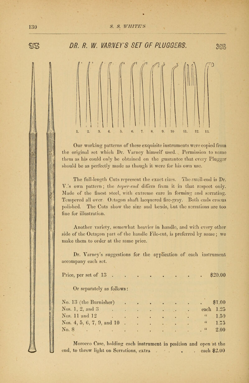 DR. R. W. VARNEY'S SET OF PLUGGERS. i 1 i Our working patterns of these exquisite instruments were copied from the original set which Dr. Varney himself used. Permission to name them as his could only be obtained on the guarantee that every Plugger should be as perfectly made as though it were for his own use. The full-length Cuts represent the exact sizes. The swell-end is Dr. V.'s own pattern ; the taper-end differs from it in that respect only. Made of the finest steel, with extreme care in forming and s'erratinsy. Tempered all over. Octagon shaft lacquered fire-gray. Both ends crocus polished. The Cuts show the size and bends, but the serrations are too fine for illustration. Another variety, somewhat heavier in handle, and with every other side of the Octagon part of the handle Tile-cut, is preferred by some ; we make them to order at the same price. Dr. Varnoy's suggestions for the application of each instrument accompany each set. Price, per set of 13 . Or separately as follows: No. 13 (the Burnisher) Nos. 1, 2, and 3 Nos. 11 and 12 Nos. 4, 5, 6, 7, 9, and 10 No. 8 $20.00 $1.00 each 1.25  1.50  1.75 . « 2.00 Morocco Case, holding each instrument in position and open at the end, to throw liuht on Serrations, extra • . . . each $2.00