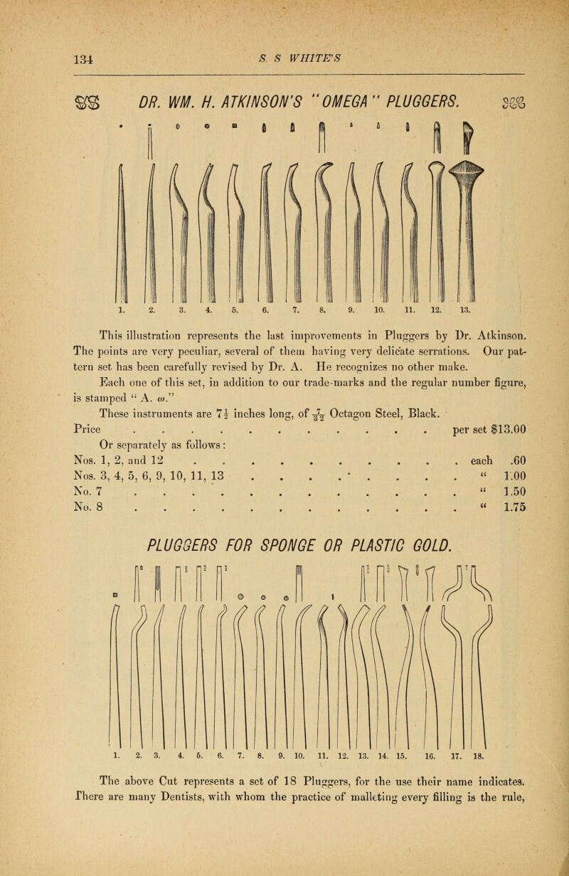 DR. WM. H. ATKINSON'S OMEGA  PLUGGERS. CV9v3 3. 4. 5. 6. 7. 8. 9. 10. 11. 12. 13. This illustration represents the last improvements in Pluggers by Dr. Atkinson. The points are very peculiar, several of them having very delicate serrations. Our pat- tern set has been carefully revised by Dr. A. He recognizes no other make. Each one of this set, in addition to our trade-marks and the regular number figure, is stamped  A. w. These instruments are 7i inches long, of-^ Octagon Steel, Black. Price ........... Or separately as follows: Nos. 1, 2, and 12 Nos. 3, 4, 5, 6, 9, 10, 11, 13 . . . No. 7 No. 8 . per set $13.00 each .60  1.00  1.5.0  1.75 PLUGGERS FOR SPONGE OR PLASTIC GOLD. The above Cut represents a set of 18 Pluggers, for the use their name indicates. There are many Dentists, with whom the practice of malleting every filling is the rule,