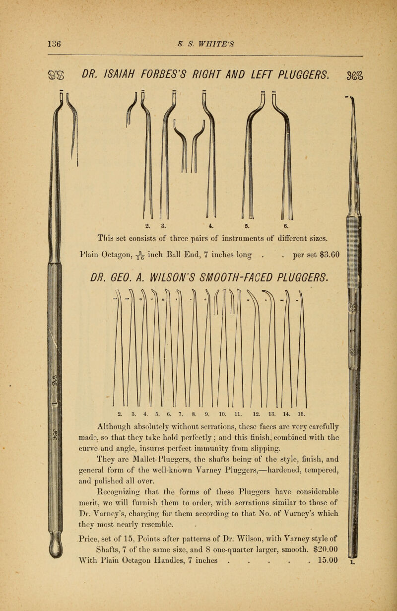 DR. ISAIAH FORRES'S RIGHT AND LEFT PLUGGERS. 3@& 2. 3. 4. 5. 6. This set consists of three pairs of instruments of different sizes. Plain Octagon, T3^ inch Ball End, 7 inches long . . per set $3.60 DR. GEO. A. WILSON'S SMOOTH-FACED PLUGGERS. Although absolutely without serrations, these faces are very carefully made, so that they take hold perfectly ; and this finish, combined with the curve and angle, insures perfect immunity from slipping. They are Mallet-Pluggers, the shafts being of the style, finish, and general form of the well-known Varney Pluggers,—hardened, tempered, and polished all over. Recojrnizin; that the forms of these Plunders have considerable merit, we will furnish them to order, with serrations similar to those of Dr. Varney's, charging for them according to that No. of Varney's which they most nearly resemble. Price, set of 15, Points after patterns of Dr. Wilson, with Varney style of Shafts, 7 of the same size, and 8 one-quarter larger, smooth. $20.00 With Plain Octagon Handles, 7 inches ..... 15.00 f'1 l.