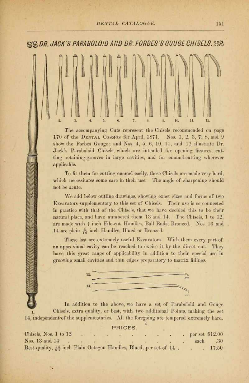 ®g DR. JACK'S PARABOLOID AND DR. FORBES'S GOUGE CHISELS. d&% The accompanying Cuts represent the Chisels recommended on page 170 of the Dental Cosmos for April, 1871. Nos. 1, 2, 3, 7, 8, and 9 show the Forbes G-ouge; and Nos. 4, 5, 6, 10, 11, and 12 illustrate Dr. Jack's Paraboloid Chisels, which are intended for opening fissures, cut- ting retaiuing-grooves in large cavities, and for enamel-cutting wherever applicable. To fit them for cutting enamel easily, these Chisels are made very hard, which necessitates some care in their use. The angle of sharpening should not be acute. We add below outline drawings, showing exact sizes and forms of two Excavators supplementary to this set of Chisels. Their use is so connected in practice with that of the Chisels, that we have decided this to be their natural place, and have numbered them 13 and 14. The Chisels, 1 to 12, are made with } inch File-cut Handles, Ball Ends, Bronzed. Nos. 13 and 14 are plain -^ inch Handles, Blued or Bronzed. These last are extremely useful Excavators. With them every part of an approximal cavity can be reached to excise it by the direct cut. They have this great range of applicability in addition to their special use in grooving small cavities and thin edges preparatory to matrix fillings. In addition to the above, we have a set of Paraboloid and Gouge Chisels, extra quality, or best, with two additional Points, making the set 14, independent-of the supplemeutaries. All the foregoing are tempered extremely hard. PRICES. Chisels, Nos. 1 to 12 per set $12.00 Nos. 13 and 14 each .30 Best quality, -J-f inch Plain Octagon Handles, Blued, per set of 14 . . . 17.50