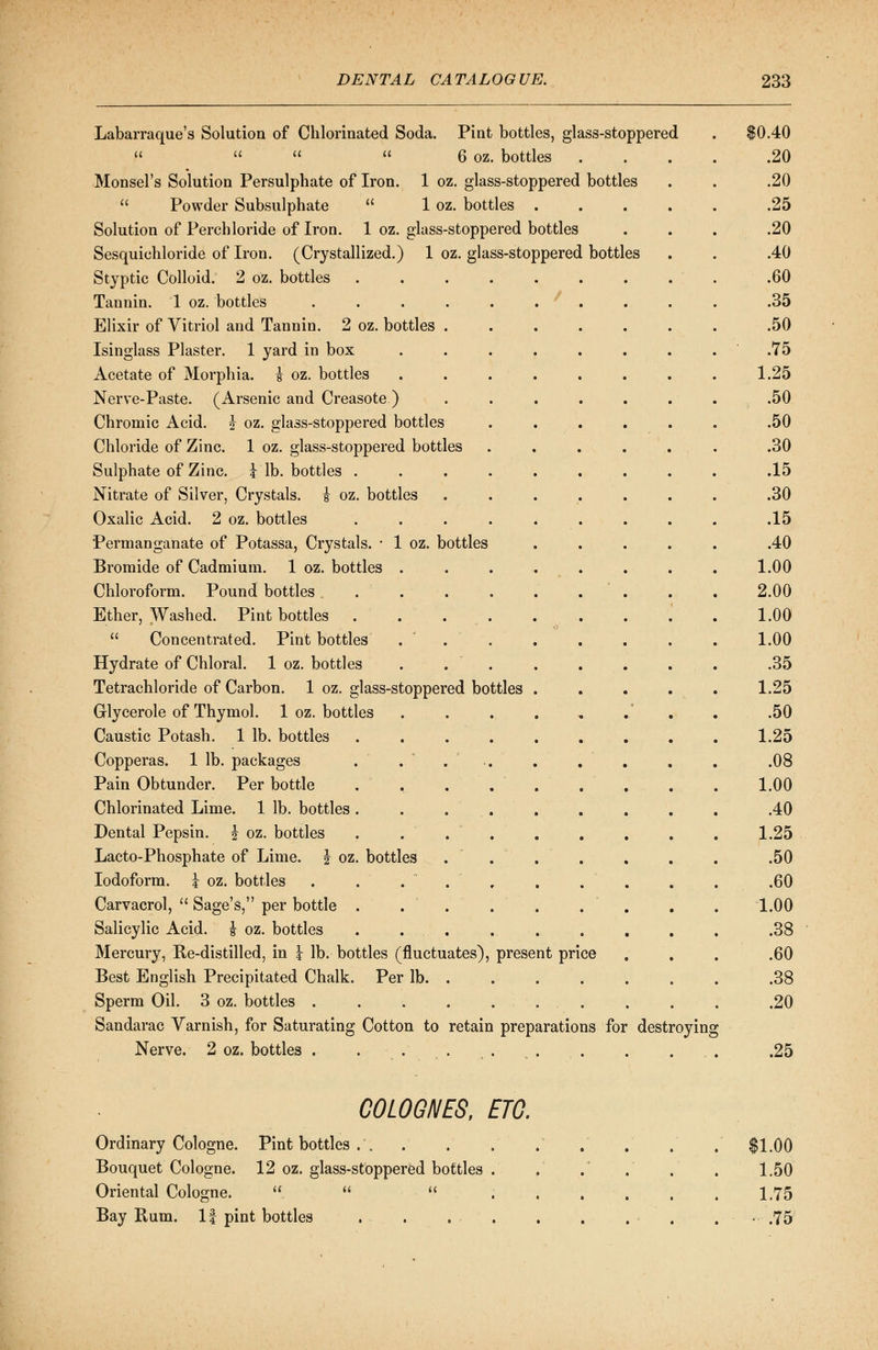 Labarraque's Solution of Chlorinated Soda. Pint bottles, glass-stoppered     6 oz. bottles . Monsel's Solution Persulphate of Iron. 1 oz. glass-stoppered bottles  Powder Subsulphate  1 oz. bottles . Solution of Perch loride of Iron. 1 oz. glass-stoppered bottles Sesquiehloride of Iron. (Crystallized.) 1 oz. glass-stoppered bottles Styptic Colloid. 2 oz. bottles Tannin. 1 oz. bottles Elixir of Vitriol and Tannin. 2 oz. bottles Isinglass Plaster. 1 yard in box Acetate of Morphia. J oz. bottles Nerve-Paste. (Arsenic and Creasote ) Chromic Acid. \ oz. glass-stoppered bottles Chloride of Zinc. 1 oz. glass-stoppered bottles Sulphate of Zinc. \ lb. bottles . Nitrate of Silver, Crystals, i oz. bottles Oxalic Acid. 2 oz. bottles Permanganate of Potassa, Crystals. • 1 oz. bottles Bromide of Cadmium. 1 oz. bottles . Chloroform. Pound bottles . . Ether, Washed. Pint bottles . .  Concentrated. Pint bottles Hydrate of Chloral. 1 oz. bottles Tetrachloride of Carbon. 1 oz. glass-stoppered bottles Glycerole of Thymol. 1 oz. bottles Caustic Potash. 1 lb. bottles Copperas. 1 lb. packages Pain Obtunder. Per bottle Chlorinated Lime. 1 lb. bottles Dental Pepsin. \ oz. bottles Lacto-Phosphate of Lime. \ oz. bottles Iodoform. \ oz. bottles Carvacrol,  Sage's, per bottle Salicylic Acid. \ oz. bottles Mercury, Re-distilled, in \ lb. bottles (fluctuates), present price Best English Precipitated Chalk. Per lb. Sperm Oil. 3 oz. bottles . . Sandarac Varnish, for Saturating Cotton to retain preparations for destroying Nerve. 2 oz. bottles . . . . ;0.40 .20 .20 .25 .20 .40 .60 .35 .50 .75 1.25 .50 .50 .30 .15 .30 .15 .40 1.00 2.00 1.00 1.00 .35 1.25 .50 1.25 .08 1.00 .40 1.25 .50 .60 1.00 .38 .60 .38 .20 .25 COLOGNES, ETC. Ordinary Cologne. Pint bottles . . Bouquet Cologne. 12 oz. glass-stoppered bottles . Oriental Cologne.    Bay Rum. If pint bottles . . . . $1.00 1.50 1.75 • .75;