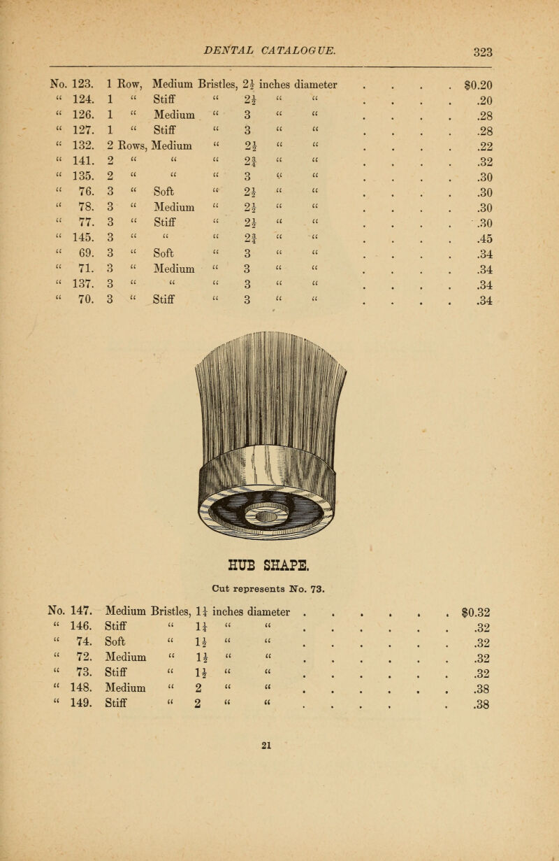 No. 123. 1 Row, Medium Bristles, 2} inches diameter 124. 1 u Stiff 2* 126. 1 a Medium ' < 3 127. 1 it Stiff ' < 3 132. 2 Rows, Medium l 2* 141. 2 a a c < 93 -64 135. 2 a » i : 3 76. 3 u Soft 2i 78. 3 u Medium £ 2J 77. 3 (t Stiff c 91 145. 3 a a ( c 93 zj4 69. 3 it Soft 3 71. 3 u Medium ' < 3 137. 3 ti U i < 3 70. 3 ti Stiff 3 ).20 .20 .28 .28 .22 .32 .30 .30 .30 .30 .45 .34 .34 .34 .34 HUB SHAPE. Cut represents No. 73. No. 147. Medium Bristles, li inches diameter  146. Stiff- ' li  74. Soft ' 11  72. Medium ' n « 73. Stiff < 1 U  148. Medium ' < 2  149. Stiff < * 2 .32 .32 .32 .32 .32 .38 .38 21