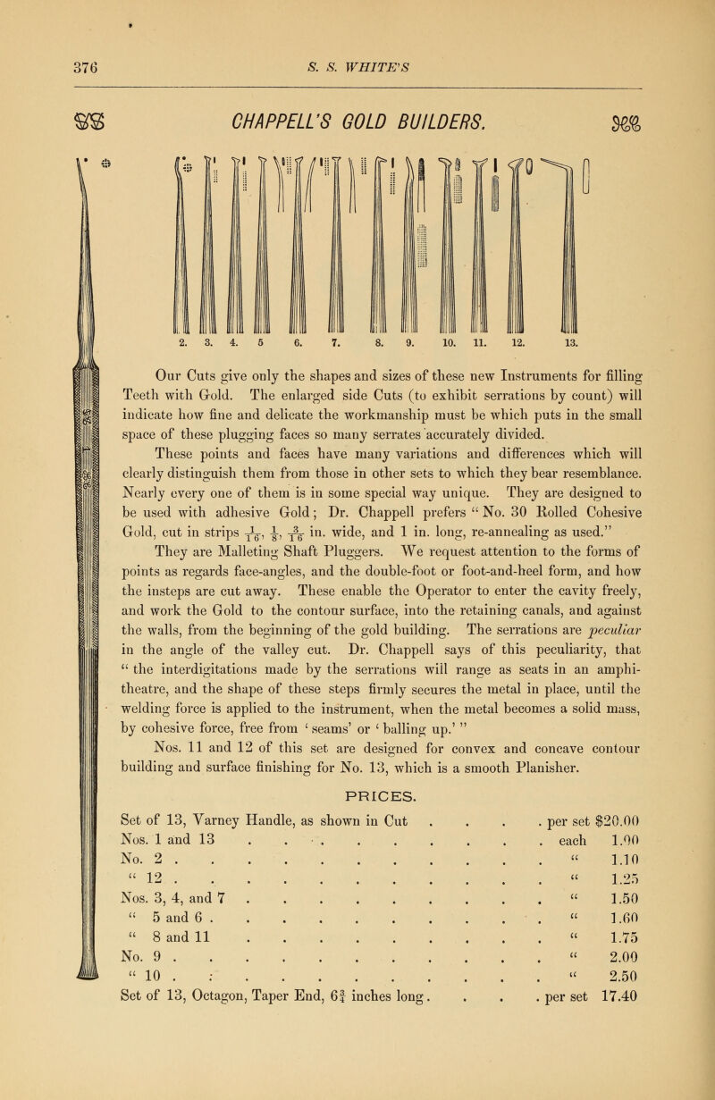 CHAPPELL'S GOLD BUILDERS. m Our Cuts give only the shapes and sizes of these new Instruments for filling Teeth with Gold. The enlarged side Cuts (to exhibit serrations by count) will indicate how fine and delicate the workmanship must be which puts in the small space of these plugging faces so many serrates accurately divided. These points and faces have many variations and differences which will clearly distinguish them from those in other sets to which they bear resemblance. Nearly every one of them is in some special way unique. They are designed to be used with adhesive Gold; Dr. Chappell prefers  No. 30 Rolled Cohesive Gold, cut in strips -Jg-, 1, -^ in. wide, and 1 in. long, re-annealing as used. They are Malleting Shaft Pluggers. We request attention to the forms of points as regards face-angles, and the double-foot or foot-and-heel form, and how the insteps are cut away. These enable the Operator to enter the cavity freely, and work the Gold to the contour surface, into the retaining canals, and against the walls, from the beginning of the gold building. The serrations are peculiar in the angle of the valley cut. Dr. Chappell says of this peculiarity, that  the interdigitations made by the serrations wiil range as seats in an amphi- theatre, and the shape of these steps firmly secures the metal in place, until the welding force is applied to the instrument, when the metal becomes a solid mass, by cohesive force, free from ' seams' or ' balling up.'  Nos. 11 and 12 of this set are designed for convex and concave contour building and surface finishing for No. 13, which is a smooth Planisher. PRICES. Set of 13, Yarney Handle, as shown in Cut .... per set $20.00 Nos. 1 and 13 . . . each 1.00 No. 2 . , .  1.10  12 , ,  1.25 Nos. 3, 4, and 7 . , 1.50  5 and 6 . .  1.60  8 and 11 ,  1.75 No. 9 . , 2.00  10 . . , 2.50 Set of 13, Octagon, Taper End , 6f i aches long. per set 17.40