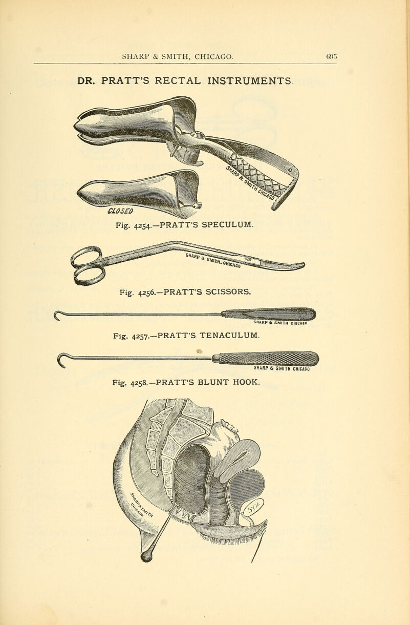 DR. PRATT'S RECTAL INSTRUMENTS. Fig. 4254.—PRATT'S SPECULUM. Fig. 4256.—PRATT'S SCISSORS. SHARP & SMITH CHICACO Fig. 4257.—PRATT'S TENACULUM. SHARP e, SMITH CNICASO Fig. 42S8.-PRATT'S BLUNT HOOK.